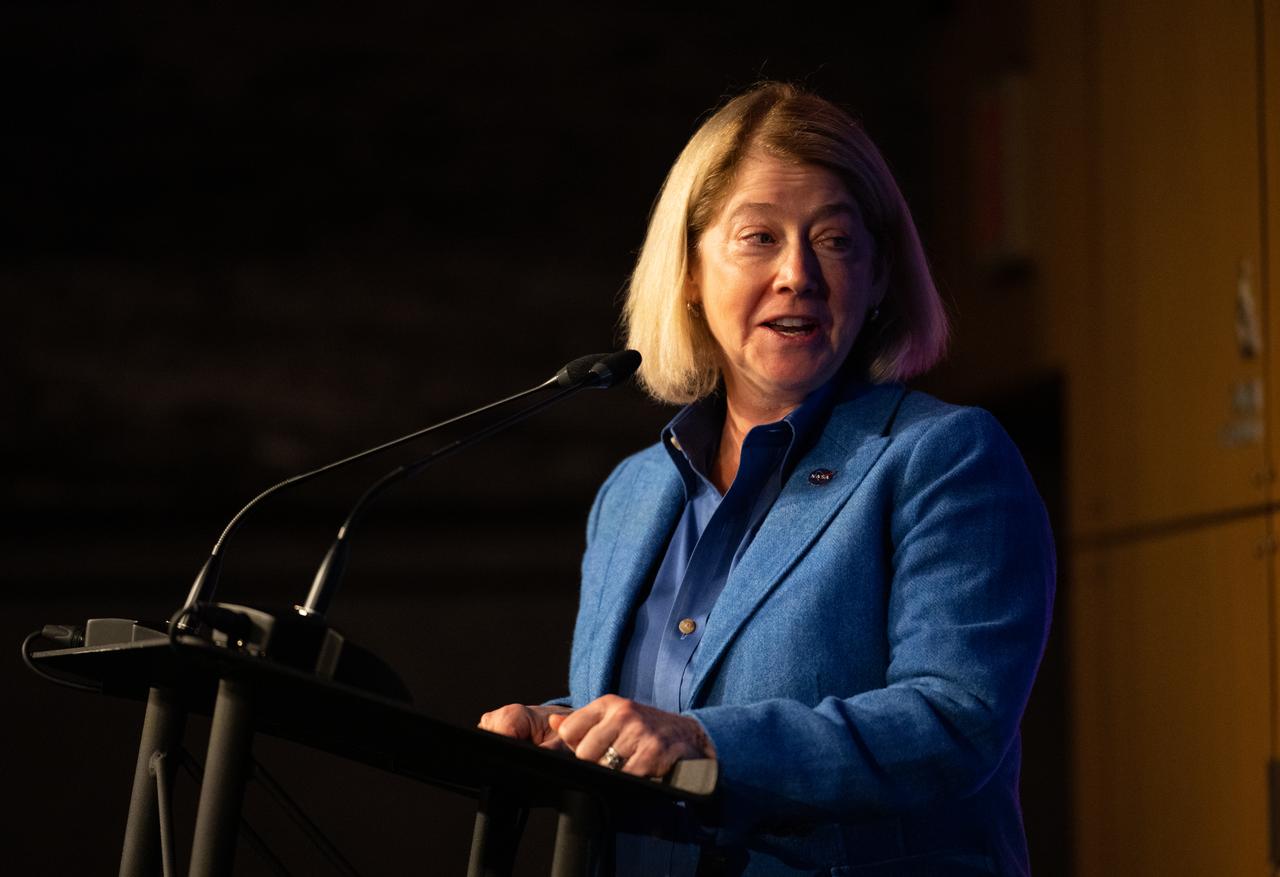 NASA Deputy Administrator Pam Melroy delivers remarks during an end-of-the year all hands with senior leadership, Tuesday, Dec. 13, 2022, at the Mary W. Jackson NASA Headquarters building in Washington. Melroy, NASA Administrator Bill Nelson, and NASA Associate Administrator Bob Cabana highlighted the agency’s 2022 accomplishments and looked forward to what is coming in 2023 and beyond. Photo Credit: (NASA/Joel Kowsky)