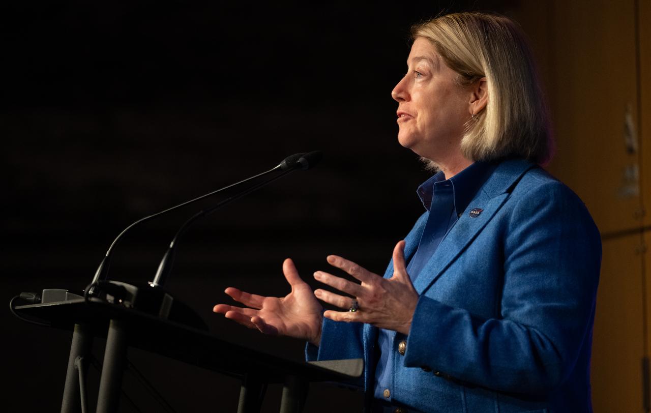 NASA Deputy Administrator Pam Melroy delivers remarks during an end-of-the year all hands with senior leadership, Tuesday, Dec. 13, 2022, at the Mary W. Jackson NASA Headquarters building in Washington. Melroy, NASA Administrator Bill Nelson, and NASA Associate Administrator Bob Cabana highlighted the agency’s 2022 accomplishments and looked forward to what is coming in 2023 and beyond. Photo Credit: (NASA/Joel Kowsky)