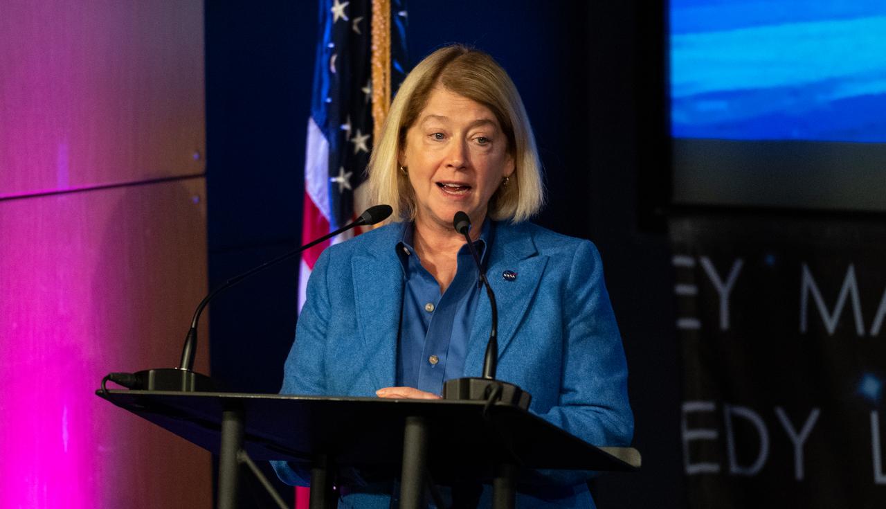 NASA Deputy Administrator Pam Melroy delivers remarks during an end-of-the year all hands with senior leadership, Tuesday, Dec. 13, 2022, at the Mary W. Jackson NASA Headquarters building in Washington. Melroy, NASA Administrator Bill Nelson, and NASA Associate Administrator Bob Cabana highlighted the agency’s 2022 accomplishments and looked forward to what is coming in 2023 and beyond. Photo Credit: (NASA/Joel Kowsky)