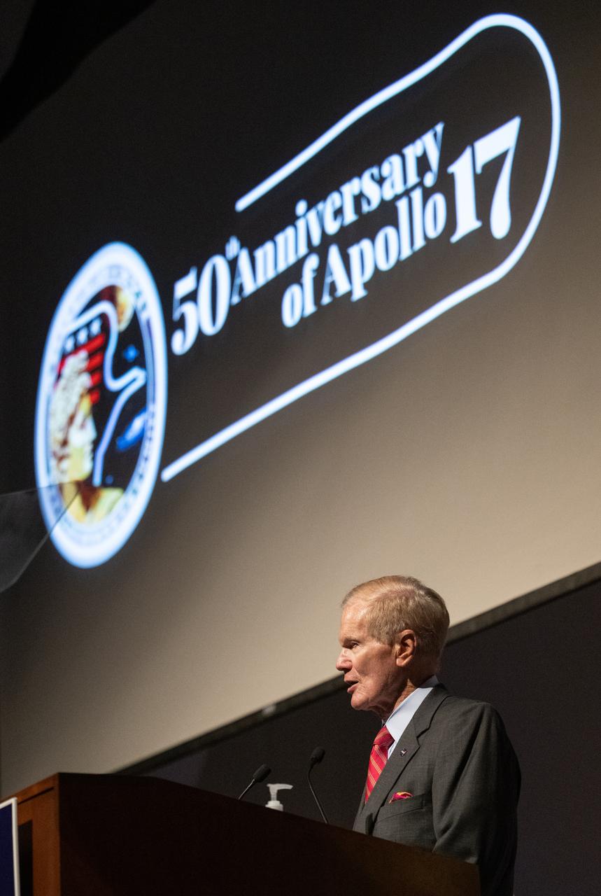 NASA Administrator Bill Nelson delivers remarks during an event celebrating the 50th anniversary of the Apollo 17 mission, Wednesday, Dec. 14, 2022, at the National Academies of Science in Washington. The three-astronaut crew of Apollo 17 -  commander Eugene Cernan, lunar module pilot Harrison Schmitt, and command module pilot Ronald Evans, embarked on the last mission of the Apollo program to land humans on the Moon in December of 1972. Cernan and Schmitt spent three days on the lunar surface collecting samples and performing scientific experiments before lifting off from the Taurus-Littrow Valley on December 14, 1972.  Photo Credit: (NASA/Joel Kowsky)