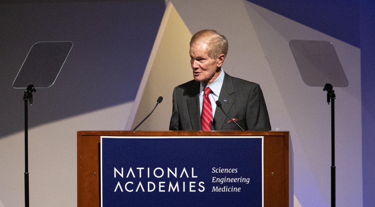 NASA Administrator Bill Nelson delivers remarks during an event celebrating the 50th anniversary of the Apollo 17 mission, Wednesday, Dec. 14, 2022, at the National Academies of Science in Washington. The three-astronaut crew of Apollo 17 -  commander Eugene Cernan, lunar module pilot Harrison Schmitt, and command module pilot Ronald Evans, embarked on the last mission of the Apollo program to land humans on the Moon in December of 1972. Cernan and Schmitt spent three days on the lunar surface collecting samples and performing scientific experiments before lifting off from the Taurus-Littrow Valley on December 14, 1972.  Photo Credit: (NASA/Joel Kowsky)