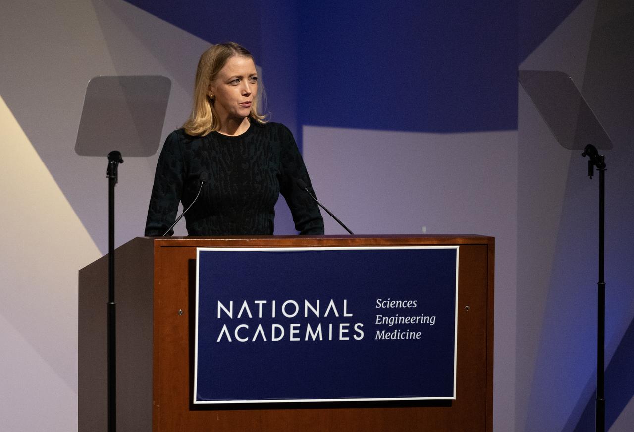 Teasel Muir-Harmony, curator of the Apollo collection at the Smithsonian National Air and Space Museum, speaks during an event celebrating the 50th anniversary of the Apollo 17 mission, Wednesday, Dec. 14, 2022, at the National Academies of Science in Washington. The three-astronaut crew of Apollo 17 -  commander Eugene Cernan, lunar module pilot Harrison Schmitt, and command module pilot Ronald Evans, embarked on the last mission of the Apollo program to land humans on the Moon in December of 1972. Cernan and Schmitt spent three days on the lunar surface collecting samples and performing scientific experiments before lifting off from the Taurus-Littrow Valley on December 14, 1972.  Photo Credit: (NASA/Joel Kowsky)