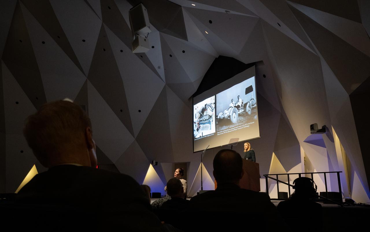 Teasel Muir-Harmony, curator of the Apollo collection at the Smithsonian National Air and Space Museum, speaks during an event celebrating the 50th anniversary of the Apollo 17 mission, Wednesday, Dec. 14, 2022, at the National Academies of Science in Washington. The three-astronaut crew of Apollo 17 -  commander Eugene Cernan, lunar module pilot Harrison Schmitt, and command module pilot Ronald Evans, embarked on the last mission of the Apollo program to land humans on the Moon in December of 1972. Cernan and Schmitt spent three days on the lunar surface collecting samples and performing scientific experiments before lifting off from the Taurus-Littrow Valley on December 14, 1972.  Photo Credit: (NASA/Joel Kowsky)