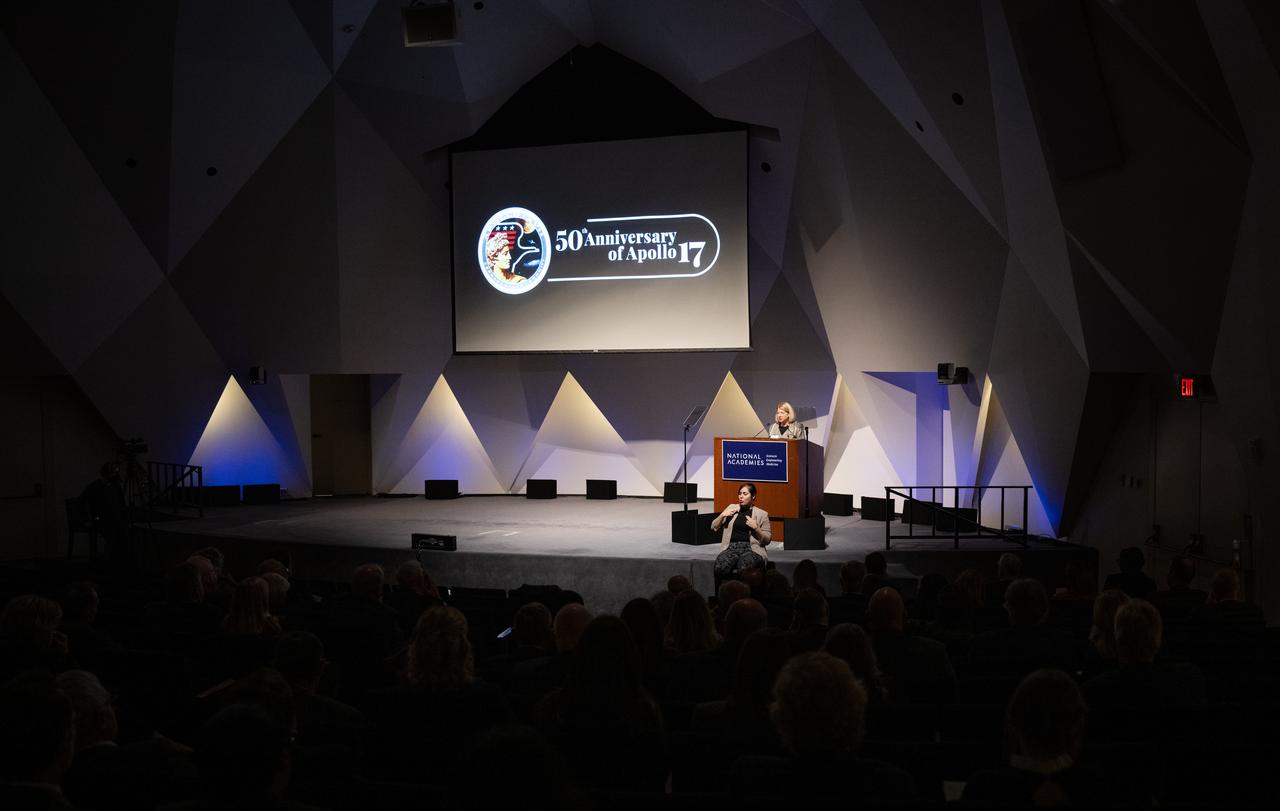 NASA Deputy Administrator Pam Melroy delivers remarks during an event celebrating the 50th anniversary of the Apollo 17 mission, Wednesday, Dec. 14, 2022, at the National Academies of Science in Washington. The three-astronaut crew of Apollo 17 -  commander Eugene Cernan, lunar module pilot Harrison Schmitt, and command module pilot Ronald Evans, embarked on the last mission of the Apollo program to land humans on the Moon in December of 1972. Cernan and Schmitt spent three days on the lunar surface collecting samples and performing scientific experiments before lifting off from the Taurus-Littrow Valley on December 14, 1972.  Photo Credit: (NASA/Joel Kowsky)