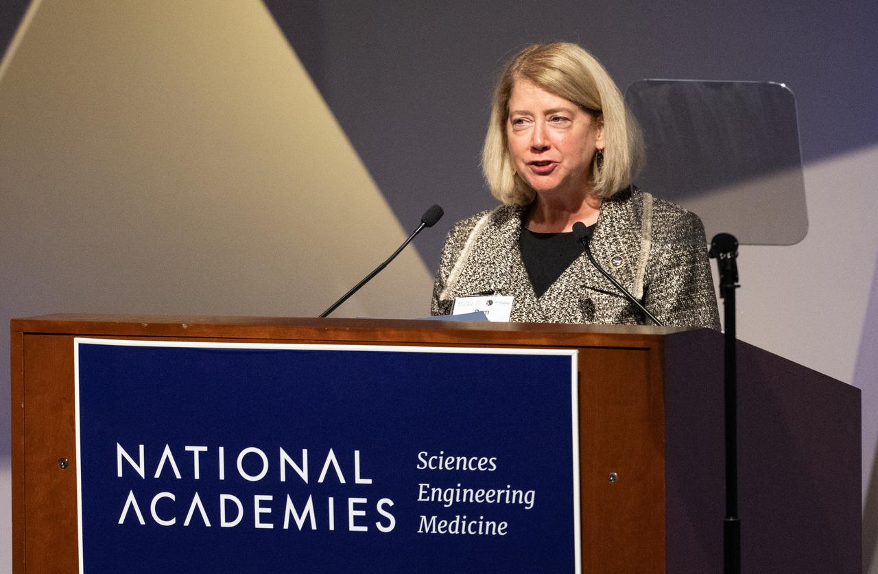 NASA Deputy Administrator Pam Melroy delivers remarks during an event celebrating the 50th anniversary of the Apollo 17 mission, Wednesday, Dec. 14, 2022, at the National Academies of Science in Washington. The three-astronaut crew of Apollo 17 -  commander Eugene Cernan, lunar module pilot Harrison Schmitt, and command module pilot Ronald Evans, embarked on the last mission of the Apollo program to land humans on the Moon in December of 1972. Cernan and Schmitt spent three days on the lunar surface collecting samples and performing scientific experiments before lifting off from the Taurus-Littrow Valley on December 14, 1972.  Photo Credit: (NASA/Joel Kowsky)