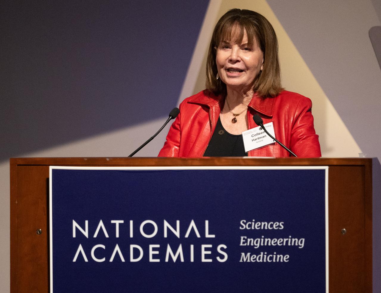 Colleen Hartman, director of physics, aeronautics, and space science at the National Academies of Science gives closing remarks during an event celebrating the 50th anniversary of the Apollo 17 mission, Wednesday, Dec. 14, 2022, at the National Academies of Science in Washington. The three-astronaut crew of Apollo 17 -  commander Eugene Cernan, lunar module pilot Harrison Schmitt, and command module pilot Ronald Evans, embarked on the last mission of the Apollo program to land humans on the Moon in December of 1972. Cernan and Schmitt spent three days on the lunar surface collecting samples and performing scientific experiments before lifting off from the Taurus-Littrow Valley on December 14, 1972.  Photo Credit: (NASA/Joel Kowsky)