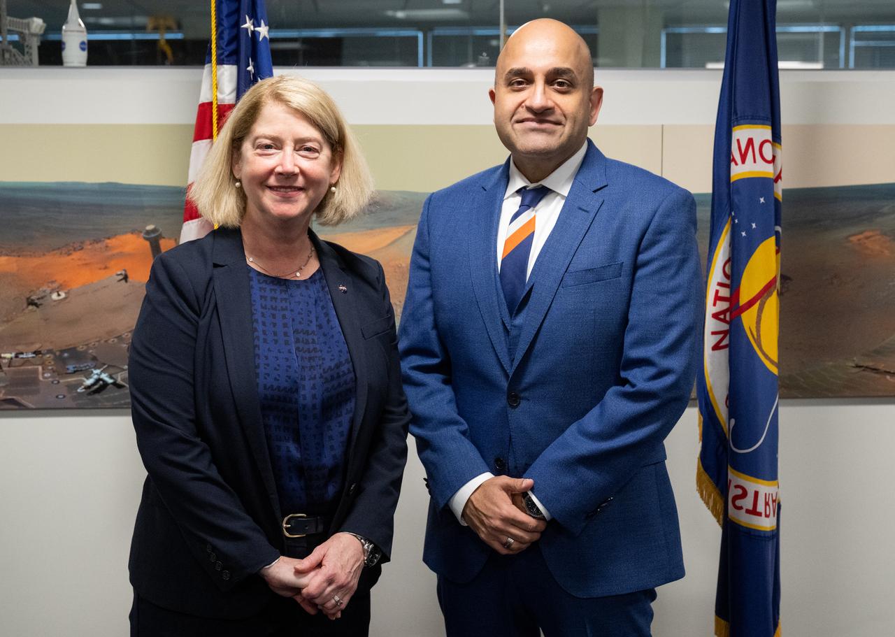 NASA Deputy Administrator Pam Melroy, left, poses for a picture with A.C. Charania after his swearing-in as NASA’s Chief Technologist, Tuesday, Jan. 3, 2023, at the Mary W. Jackson NASA Headquarters building in Washington, DC.  Photo Credit: (NASA/Joel Kowsky)