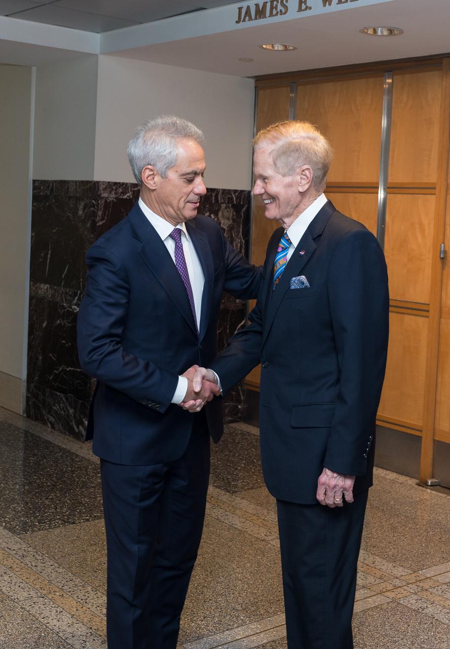 NASA Administrator Bill Nelson, right, greets U.S. Ambassador to Japan, Rahm Emanuel, before the signing of an agreement that builds on a long history of collaboration in space exploration between the U.S. and Japan, Friday, Jan. 13, 2023, at the Mary W. Jackson NASA Headquarters building in Washington. “The Framework Agreement Between the Government of Japan and the Government of the United States of America for Cooperation in Space Exploration and Use of Outer Space, Including the Moon and Other Celestial Bodies, For Peaceful Purposes” covers joint activities including space science, Earth science, space operations and exploration, aeronautical science and technology, space technology, space transportation, and safety and mission assurance, among others. Photo Credit: (NASA/Aubrey Gemignani)