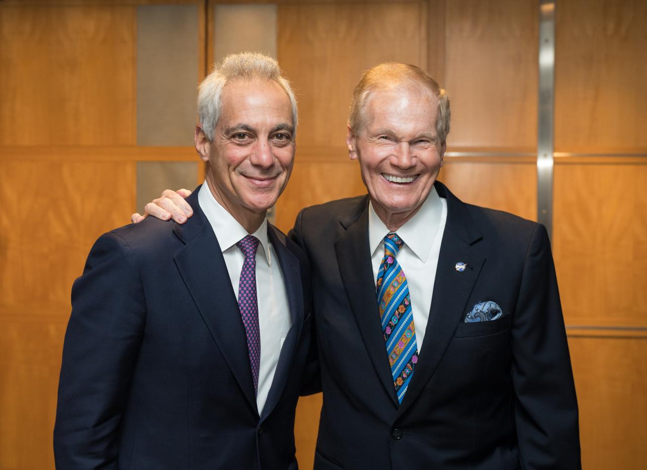 NASA Administrator Bill Nelson, right, poses for a photo with U.S. Ambassador to Japan, Rahm Emanuel, before the signing of an agreement that builds on a long history of collaboration in space exploration between the U.S. and Japan, Friday, Jan. 13, 2023, at the Mary W. Jackson NASA Headquarters building in Washington. “The Framework Agreement Between the Government of Japan and the Government of the United States of America for Cooperation in Space Exploration and Use of Outer Space, Including the Moon and Other Celestial Bodies, For Peaceful Purposes” covers joint activities including space science, Earth science, space operations and exploration, aeronautical science and technology, space technology, space transportation, and safety and mission assurance, among others. Photo Credit: (NASA/Aubrey Gemignani)