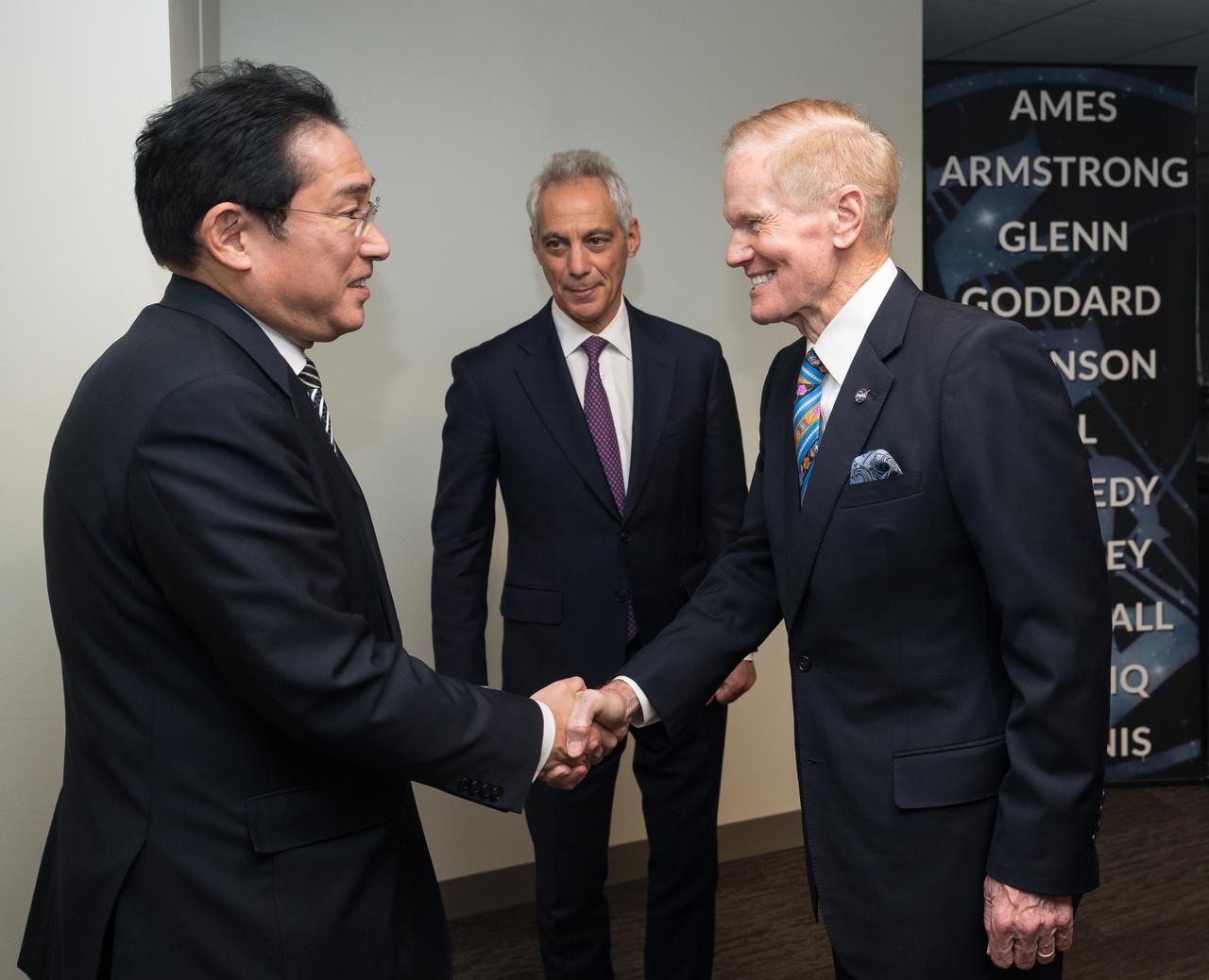 NASA Administrator Bill Nelson, right, and U.S. Ambassador to Japan, Rahm Emanuel, center, greet Prime Minister of Japan, His Excellency Kishida Fumio, before U.S. Secretary of State Antony Blinken and Japan’s Minister for Foreign Affairs, Hayashi Yoshimasa, sign an agreement that builds on a long history of collaboration in space exploration between the U.S. and Japan, Friday, Jan. 13, 2023, at the Mary W. Jackson NASA Headquarters building in Washington. “The Framework Agreement Between the Government of Japan and the Government of the United States of America for Cooperation in Space Exploration and Use of Outer Space, Including the Moon and Other Celestial Bodies, For Peaceful Purposes” covers joint activities including space science, Earth science, space operations and exploration, aeronautical science and technology, space technology, space transportation, and safety and mission assurance, among others. Photo Credit: (NASA/Aubrey Gemignani)