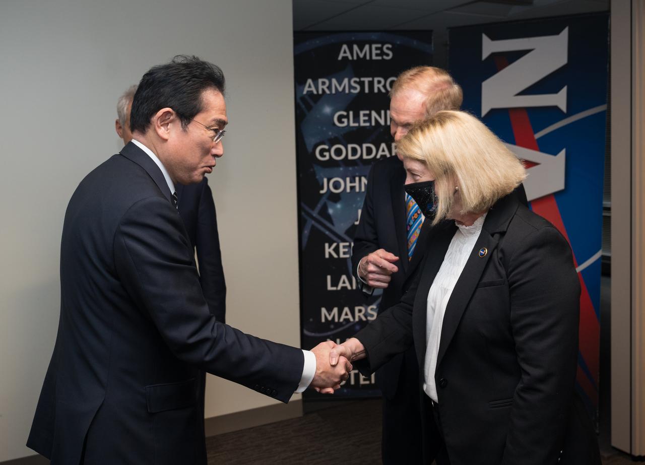 NASA Deputy Administrator Pam Melroy, right, greets Prime Minister of Japan, His Excellency Kishida Fumio, before U.S. Secretary of State Antony Blinken and Japan’s Minister for Foreign Affairs, Hayashi Yoshimasa, sign an agreement that builds on a long history of collaboration in space exploration between the U.S. and Japan, Friday, Jan. 13, 2023, at the Mary W. Jackson NASA Headquarters building in Washington. “The Framework Agreement Between the Government of Japan and the Government of the United States of America for Cooperation in Space Exploration and Use of Outer Space, Including the Moon and Other Celestial Bodies, For Peaceful Purposes” covers joint activities including space science, Earth science, space operations and exploration, aeronautical science and technology, space technology, space transportation, and safety and mission assurance, among others. Photo Credit: (NASA/Aubrey Gemignani)
