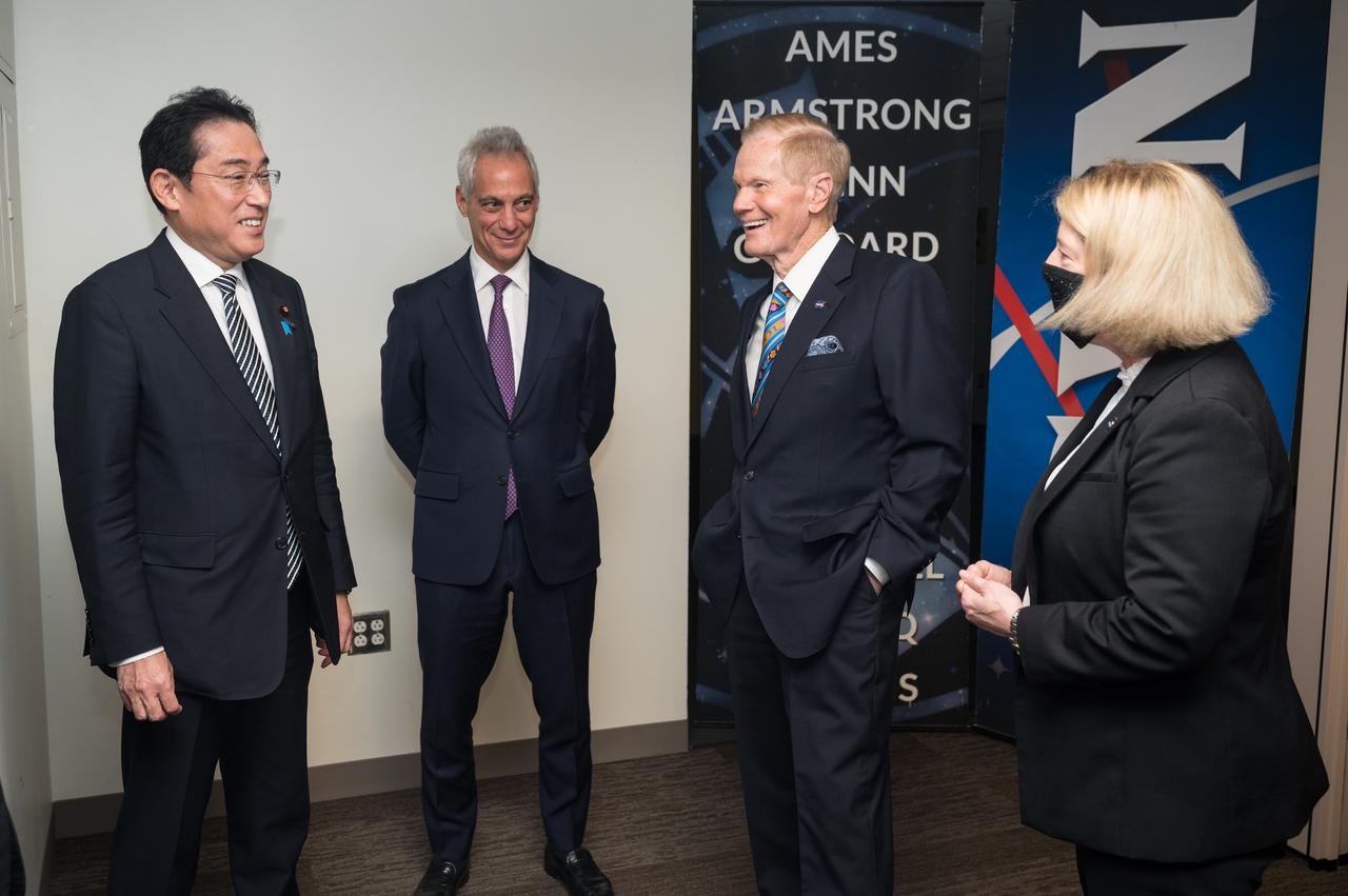 NASA Deputy Administrator Pam Melroy, right, NASA Administrator Bill Nelson, second from right, and U.S. Ambassador to Japan, Rahm Emanuel, second from left, greet Prime Minister of Japan, His Excellency Kishida Fumio, before U.S. Secretary of State Antony Blinken and Japan’s Minister for Foreign Affairs, Hayashi Yoshimasa, sign an agreement that builds on a long history of collaboration in space exploration between the U.S. and Japan, Friday, Jan. 13, 2023, at the Mary W. Jackson NASA Headquarters building in Washington. “The Framework Agreement Between the Government of Japan and the Government of the United States of America for Cooperation in Space Exploration and Use of Outer Space, Including the Moon and Other Celestial Bodies, For Peaceful Purposes” covers joint activities including space science, Earth science, space operations and exploration, aeronautical science and technology, space technology, space transportation, and safety and mission assurance, among others. Photo Credit: (NASA/Aubrey Gemignani)