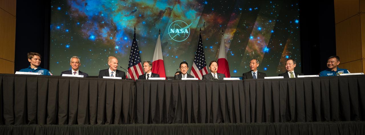 From left to right, NASA astronaut Anne McClain, U.S. Ambassador to Japan, Rahm Emanuel, NASA Administrator Bill Nelson, U.S. Secretary of State Antony Blinken, Prime Minister of Japan, His Excellency Kishida Fumio, Minister for Foreign Affairs of Japan, The Honorable Hayashi Yoshimasa, President of the Japan Aerospace Exploration Agency (JAXA), Yamakawa Hiroshi, Ambassador Extraordinary and Plenipotentiary of Japan to the U.S., Tomita Koji, and JAXA astronaut Hoshide Akihiko, are seen before the signing of an agreement that builds on a long history of collaboration in space exploration between the U.S. and Japan, Friday, Jan. 13, 2023, at the Mary W. Jackson NASA Headquarters building in Washington. “The Framework Agreement Between the Government of Japan and the Government of the United States of America for Cooperation in Space Exploration and Use of Outer Space, Including the Moon and Other Celestial Bodies, For Peaceful Purposes” covers joint activities including space science, Earth science, space operations and exploration, aeronautical science and technology, space technology, space transportation, and safety and mission assurance, among others. Photo Credit: (NASA/Aubrey Gemignani)
