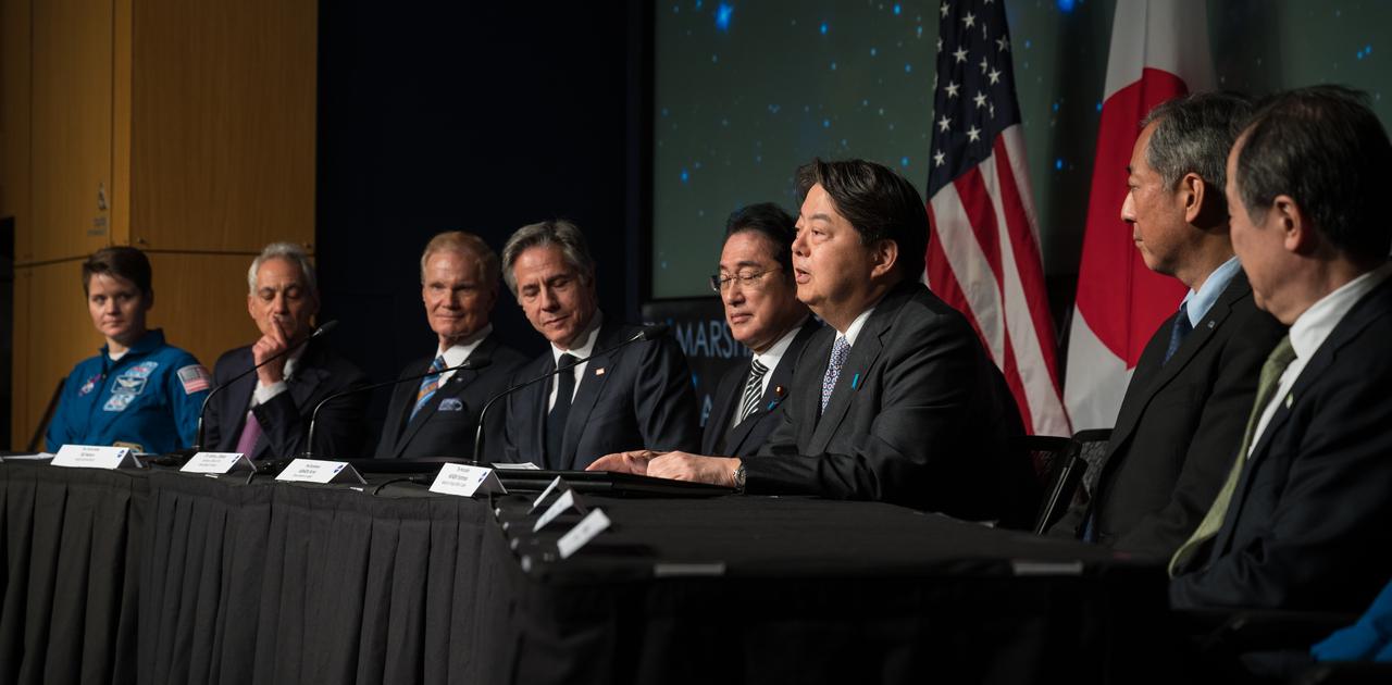 Minister for Foreign Affairs of Japan, The Honorable Hayashi Yoshimasa delivers remarks after he and U.S. Secretary of State, Antony Blinken signed an agreement that builds on a long history of collaboration in space exploration between the U.S. and Japan, Friday, Jan. 13, 2023, at the Mary W. Jackson NASA Headquarters building in Washington. “The Framework Agreement Between the Government of Japan and the Government of the United States of America for Cooperation in Space Exploration and Use of Outer Space, Including the Moon and Other Celestial Bodies, For Peaceful Purposes” covers joint activities including space science, Earth science, space operations and exploration, aeronautical science and technology, space technology, space transportation, and safety and mission assurance, among others. Photo Credit: (NASA/Aubrey Gemignani)