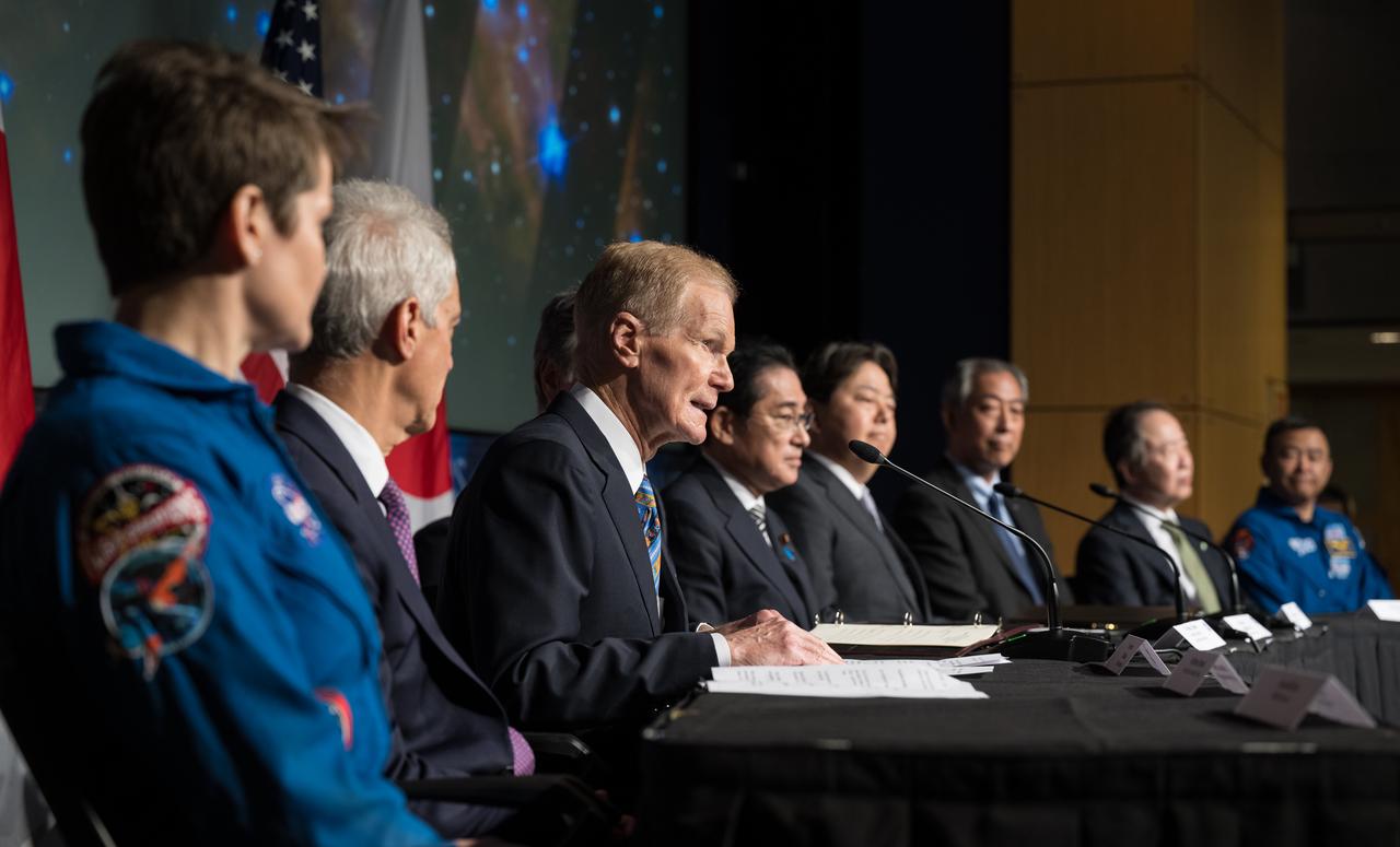 NASA Administrator Bill Nelson delivers remarks before U.S. Secretary of State, Antony Blinken and Japan’s Minister for Foreign Affairs, Hayashi Yoshimasa, sign an agreement that builds on a long history of collaboration in space exploration between the U.S. and Japan, Friday, Jan. 13, 2023, at the Mary W. Jackson NASA Headquarters building in Washington. “The Framework Agreement Between the Government of Japan and the Government of the United States of America for Cooperation in Space Exploration and Use of Outer Space, Including the Moon and Other Celestial Bodies, For Peaceful Purposes” covers joint activities including space science, Earth science, space operations and exploration, aeronautical science and technology, space technology, space transportation, and safety and mission assurance, among others. Photo Credit: (NASA/Aubrey Gemignani)