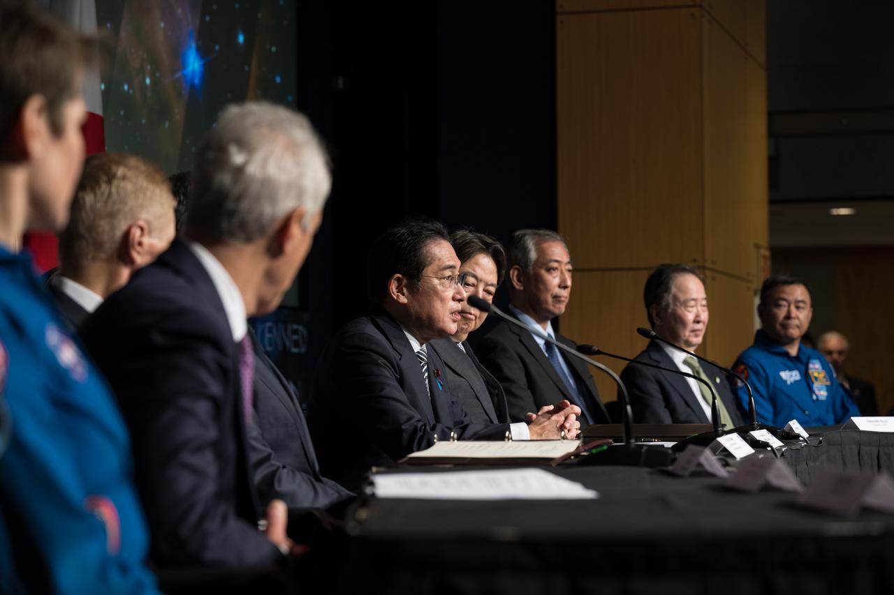 Prime Minister of Japan, His Excellency Kishida Fumio delivers remarks before U.S. Secretary of State, Antony Blinken and Japan’s Minister for Foreign Affairs, Hayashi Yoshimasa, sign an agreement that builds on a long history of collaboration in space exploration between the U.S. and Japan, Friday, Jan. 13, 2023, at the Mary W. Jackson NASA Headquarters building in Washington. “The Framework Agreement Between the Government of Japan and the Government of the United States of America for Cooperation in Space Exploration and Use of Outer Space, Including the Moon and Other Celestial Bodies, For Peaceful Purposes” covers joint activities including space science, Earth science, space operations and exploration, aeronautical science and technology, space technology, space transportation, and safety and mission assurance, among others. Photo Credit: (NASA/Aubrey Gemignani)