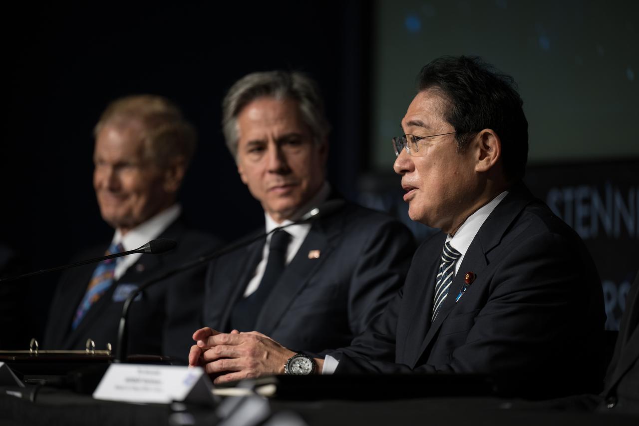 Prime Minister of Japan, His Excellency Kishida Fumio delivers remarks before U.S. Secretary of State, Antony Blinken and Japan’s Minister for Foreign Affairs, Hayashi Yoshimasa, sign an agreement that builds on a long history of collaboration in space exploration between the U.S. and Japan, Friday, Jan. 13, 2023, at the Mary W. Jackson NASA Headquarters building in Washington. “The Framework Agreement Between the Government of Japan and the Government of the United States of America for Cooperation in Space Exploration and Use of Outer Space, Including the Moon and Other Celestial Bodies, For Peaceful Purposes” covers joint activities including space science, Earth science, space operations and exploration, aeronautical science and technology, space technology, space transportation, and safety and mission assurance, among others. Photo Credit: (NASA/Aubrey Gemignani)