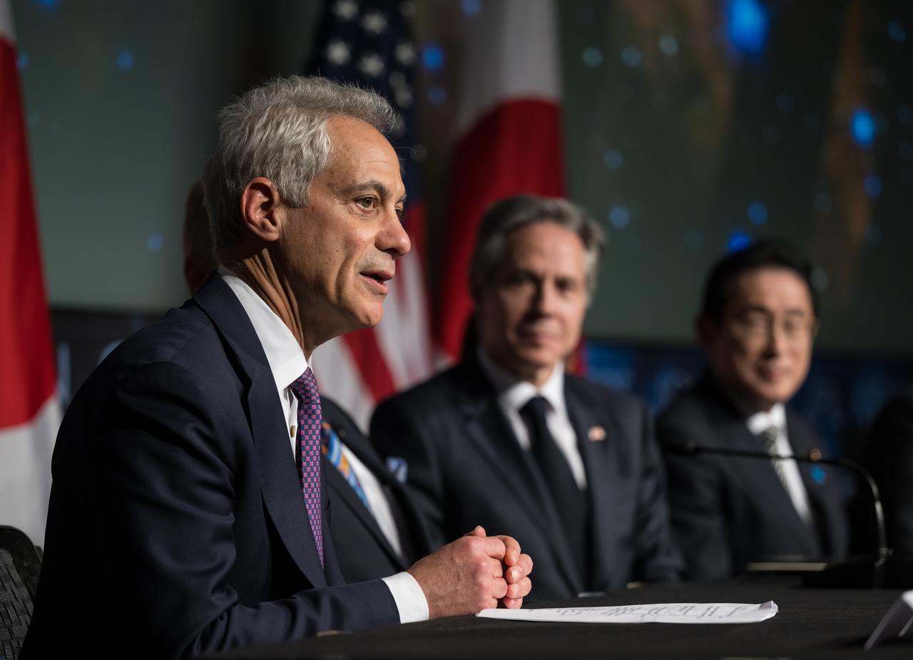 U.S. Ambassador to Japan, Rahm Emanuel, delivers remarks after U.S. Secretary of State, Antony Blinken and Minister for Foreign Affairs of Japan, The Honorable Hayashi Yoshimasa signed an agreement that builds on a long history of collaboration in space exploration between the U.S. and Japan, Friday, Jan. 13, 2023, at the Mary W. Jackson NASA Headquarters building in Washington. “The Framework Agreement Between the Government of Japan and the Government of the United States of America for Cooperation in Space Exploration and Use of Outer Space, Including the Moon and Other Celestial Bodies, For Peaceful Purposes” covers joint activities including space science, Earth science, space operations and exploration, aeronautical science and technology, space technology, space transportation, and safety and mission assurance, among others. Photo Credit: (NASA/Aubrey Gemignani)