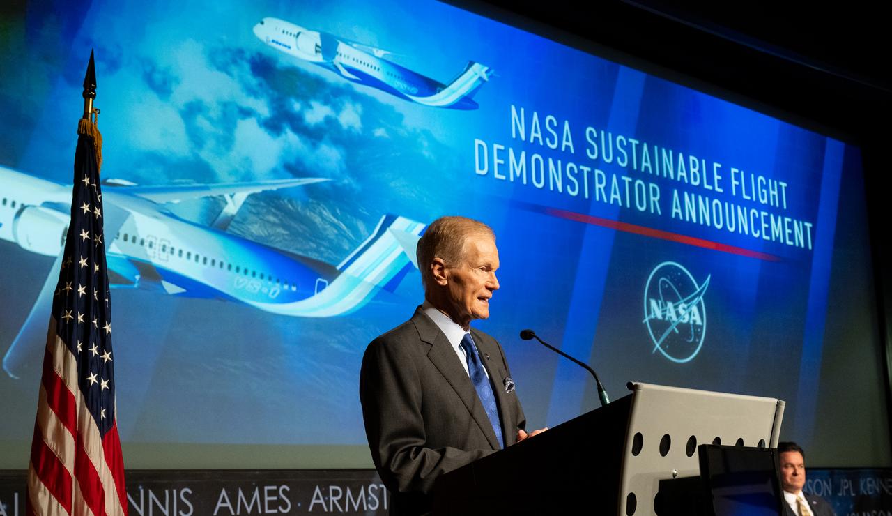 NASA Administrator Bill Nelson delivers remarks during a news conference on NASA’s Sustainable Flight Demonstrator project, Wednesday, Jan. 18, 2023, at the Mary W. Jackson NASA Headquarters building in Washington, DC.  Through a Funded Space Act Agreement, The Boeing company and its industry team will collaborate with NASA to develop and flight-test a full-scale Transonic Truss-Braced Wing demonstrator aircraft. Photo Credit: (NASA/Joel Kowsky)