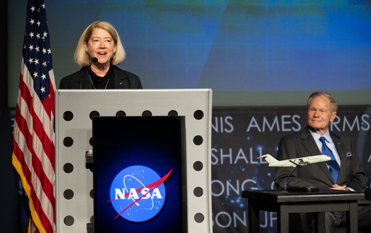 NASA Deputy Administrator Pam Melroy delivers remarks during a news conference on NASA’s Sustainable Flight Demonstrator project, Wednesday, Jan. 18, 2023, at the Mary W. Jackson NASA Headquarters building in Washington, DC.  Through a Funded Space Act Agreement, The Boeing company and its industry team will collaborate with NASA to develop and flight-test a full-scale Transonic Truss-Braced Wing demonstrator aircraft. Photo Credit: (NASA/Joel Kowsky)