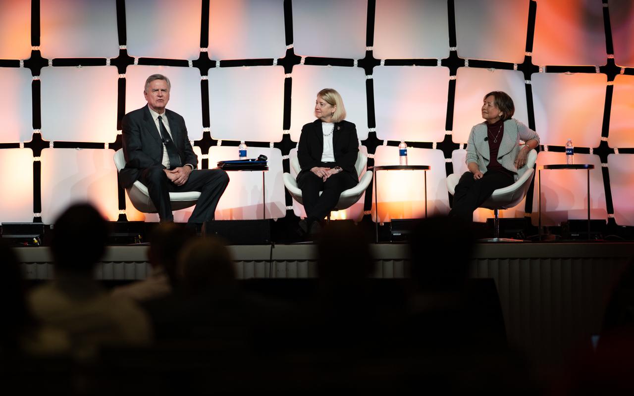 Steve Howe, former director of the Center for Space Nuclear Research at the Idaho National Laboratory, left, NASA Deputy Administrator Pam Melroy, center, and Stefanie Tompkins, director of the Defense Advance Research Projects Agency (DARPA), right, are seen during a fireside chat announcing a new collaboration on nuclear thermal propulsion at the American Institute of Aeronautics and Astronautics SciTech Forum, Tuesday, Jan. 24, 2023, at the Gaylord National Resort and Convention Center in National Harbor, Md. NASA and the Defense Advanced Research Projects Agency (DARPA) will partner on the Demonstration Rocket for Agile Cislunar Operations, or DRACO, project to develop and demonstrate in-space a nuclear thermal engine. Photo Credit: (NASA/Joel Kowsky)