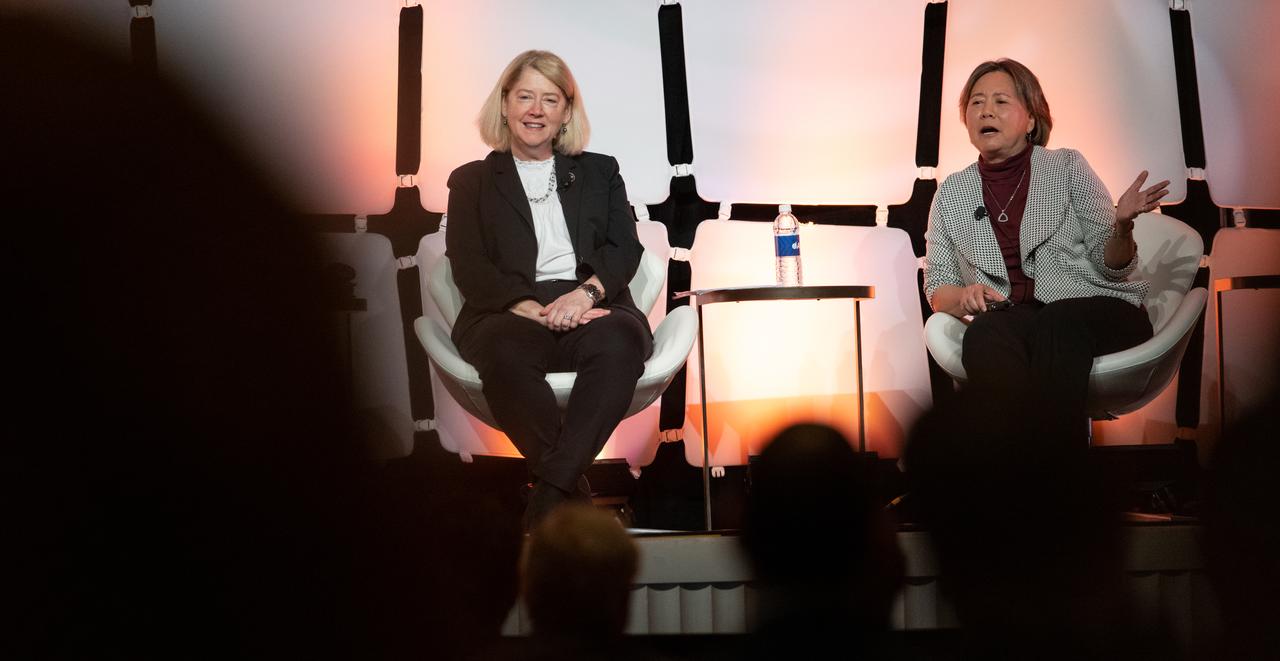 NASA Deputy Administrator Pam Melroy, left, and Stefanie Tompkins, director of the Defense Advance Research Projects Agency (DARPA), right, are seen during a fireside chat announcing a new collaboration on nuclear thermal propulsion at the American Institute of Aeronautics and Astronautics SciTech Forum, Tuesday, Jan. 24, 2023, at the Gaylord National Resort and Convention Center in National Harbor, Md. NASA and the Defense Advanced Research Projects Agency (DARPA) will partner on the Demonstration Rocket for Agile Cislunar Operations, or DRACO, project to develop and demonstrate in-space a nuclear thermal engine. Photo Credit: (NASA/Joel Kowsky)