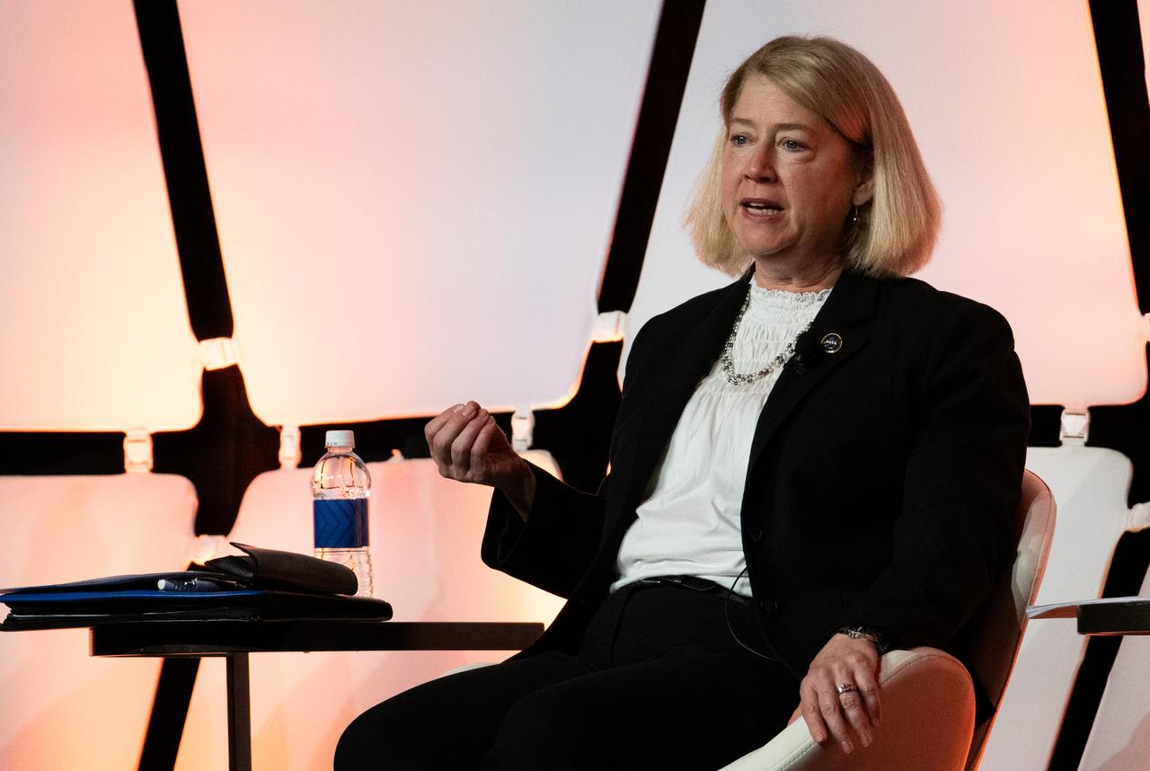 NASA Deputy Administrator Pam Melroy answers a question during a fireside chat announcing a new collaboration on nuclear thermal propulsion at the American Institute of Aeronautics and Astronautics SciTech Forum, Tuesday, Jan. 24, 2023, at the Gaylord National Resort and Convention Center in National Harbor, Md. NASA and the Defense Advanced Research Projects Agency (DARPA) will partner on the Demonstration Rocket for Agile Cislunar Operations, or DRACO, project to develop and demonstrate in-space a nuclear thermal engine. Photo Credit: (NASA/Joel Kowsky)