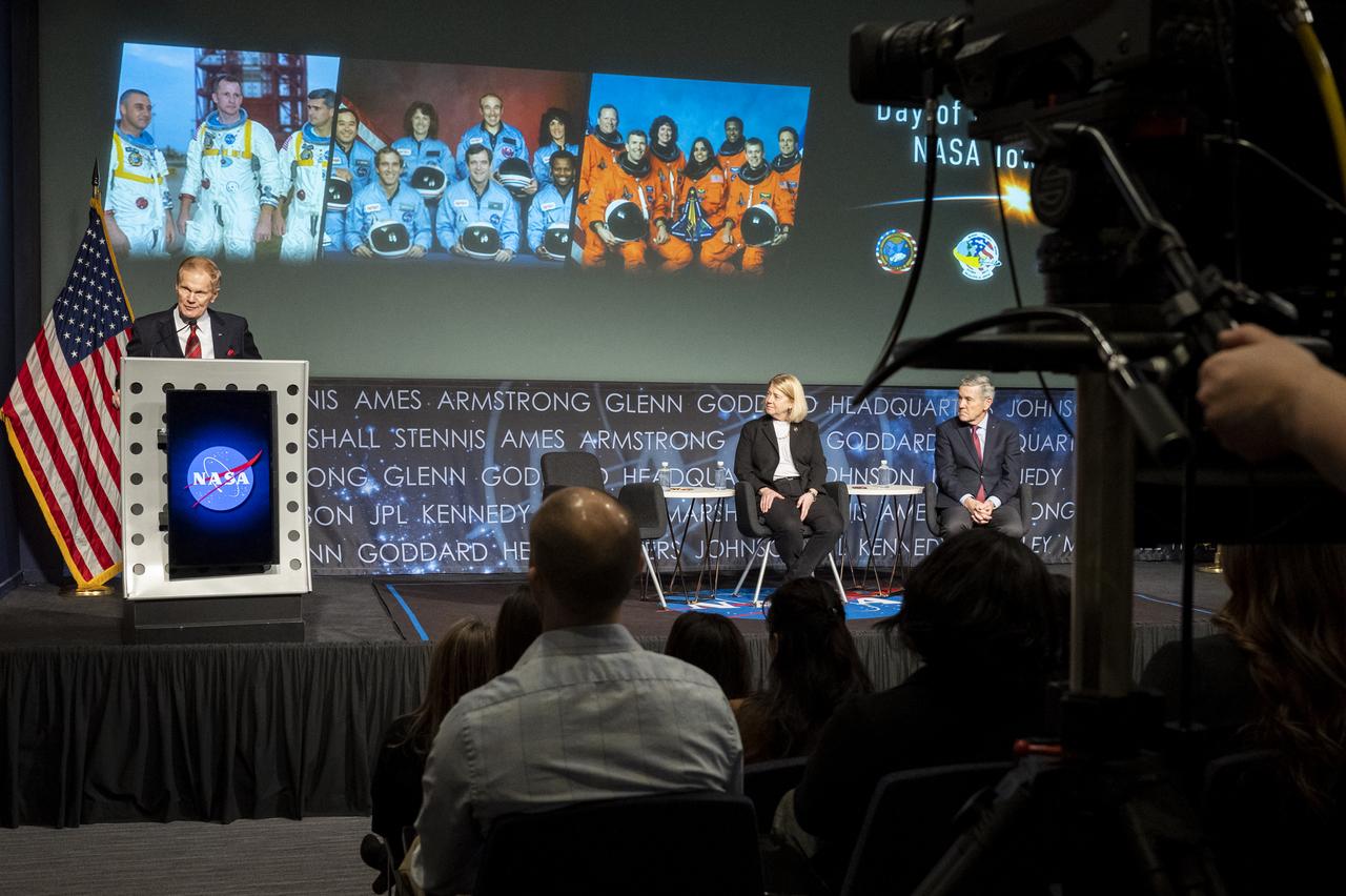 NASA Administrator Bill Nelson, left, delivers remarks during the NASA Day of Remembrance Employee Safety Town Hall as NASA Deputy Administrator Pam Melroy, center, and NASA Associate Administrator Bob Cabana, right, look on, Tuesday, Jan. 24, 2023, at the Mary W. Jackson NASA Headquarters building in Washington.  Photo Credit: (NASA/Keegan Barber)