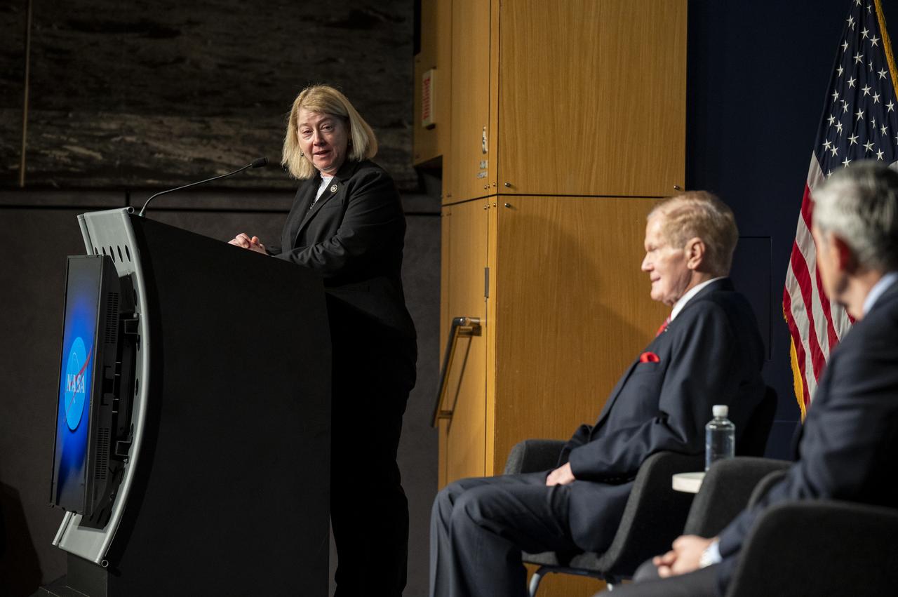 NASA Deputy Administrator Pam Melroy, left, delivers remarks during the NASA Day of Remembrance Employee Safety Town Hall as NASA Administrator Bill Nelson, center, and NASA Associate Administrator Bob Cabana, right, look on, Tuesday, Jan. 24, 2023, at the Mary W. Jackson NASA Headquarters building in Washington.  Photo Credit: (NASA/Keegan Barber)