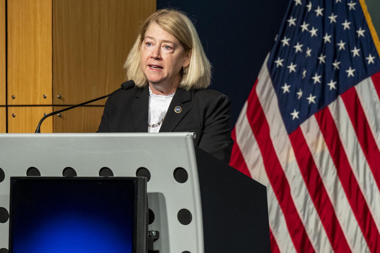 NASA Deputy Administrator Pam Melroy delivers remarks during the NASA Day of Remembrance Employee Safety Town Hall, Tuesday, Jan. 24, 2023, at the Mary W. Jackson NASA Headquarters building in Washington. Photo Credit: (NASA/Keegan Barber)