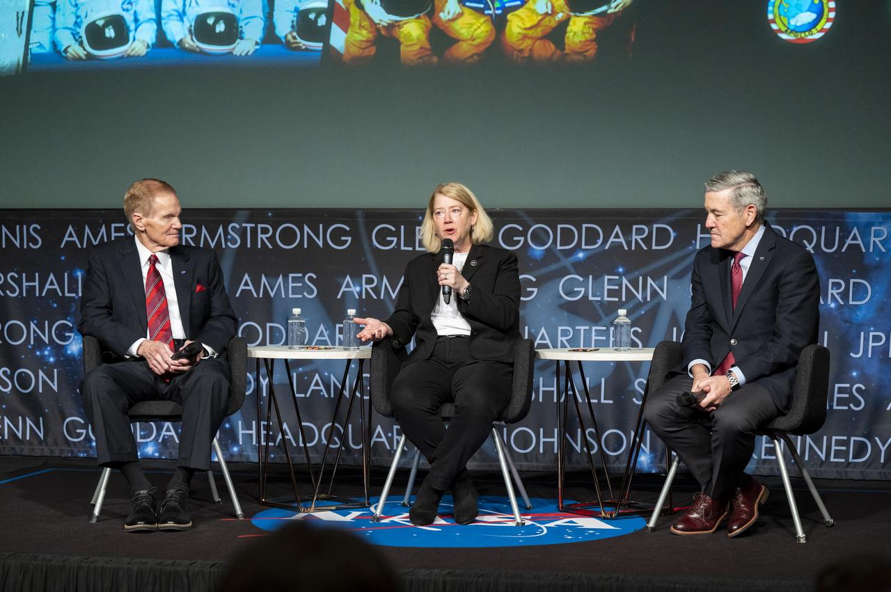 NASA Deputy Administrator Pam Melroy, center, answers a question from staff during the NASA Day of Remembrance Employee Safety Town Hall as NASA Administrator Bill Nelson, left, and NASA Associate Administrator Bob Cabana, right, look on, Tuesday, Jan. 24, 2023, at the Mary W. Jackson NASA Headquarters building in Washington.  Photo Credit: (NASA/Keegan Barber)