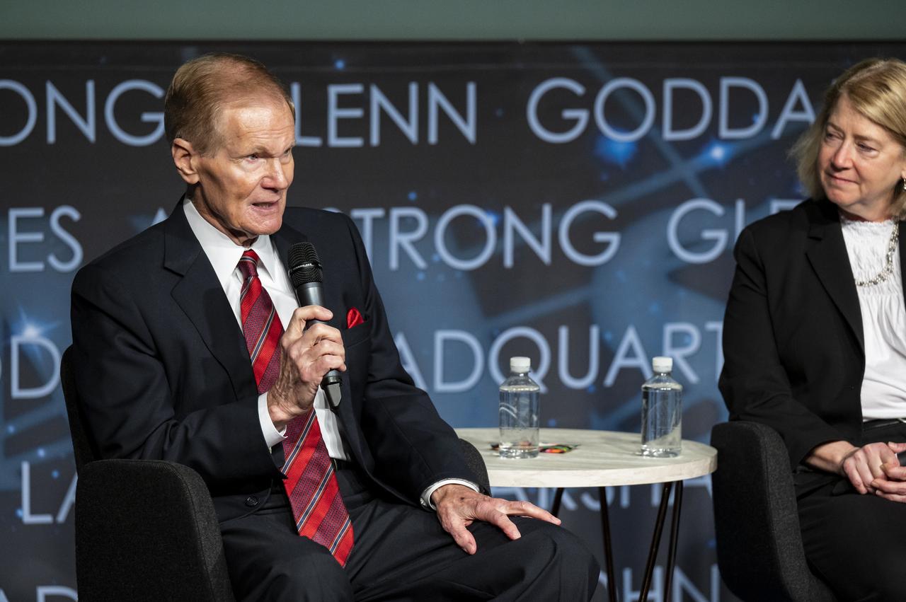 NASA Administrator Bill Nelson, left, answers a question from staff during the NASA Day of Remembrance Employee Safety Town Hall as NASA Deputy Administrator Pam Melroy, right, looks on, Tuesday, Jan. 24, 2023, at the Mary W. Jackson NASA Headquarters building in Washington. Photo Credit: (NASA/Keegan Barber)