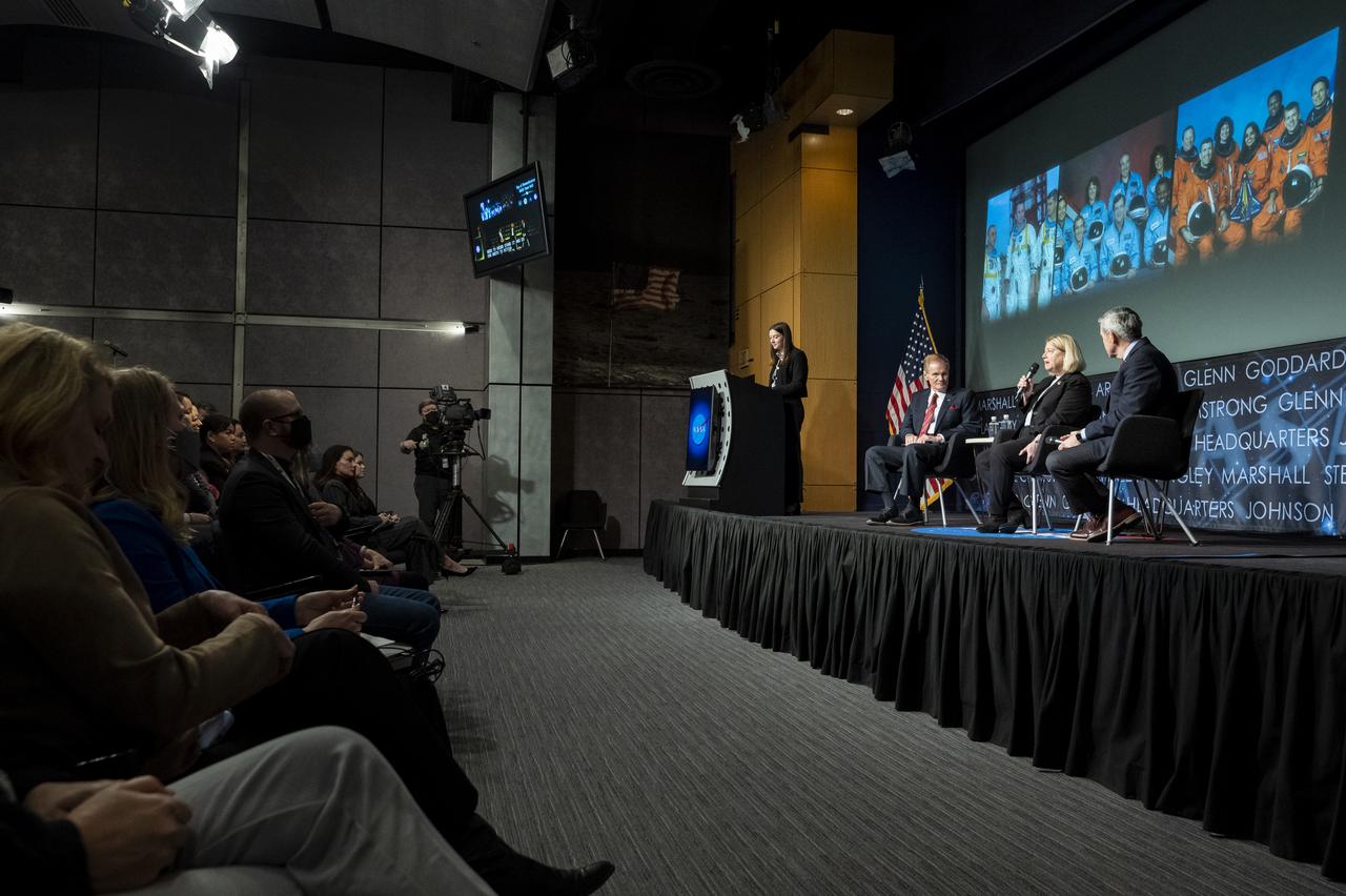 NASA Deputy Administrator Pam Melroy, second from right, answers a question from staff during the NASA Day of Remembrance Employee Safety Town Hall as NASA Press Secretary Jackie McGuinness, left, NASA Administrator Bill Nelson, second from left, and NASA Associate Administrator Bob Cabana, right, look on, Tuesday, Jan. 24, 2023, at the Mary W. Jackson NASA Headquarters building in Washington. Photo Credit: (NASA/Keegan Barber)