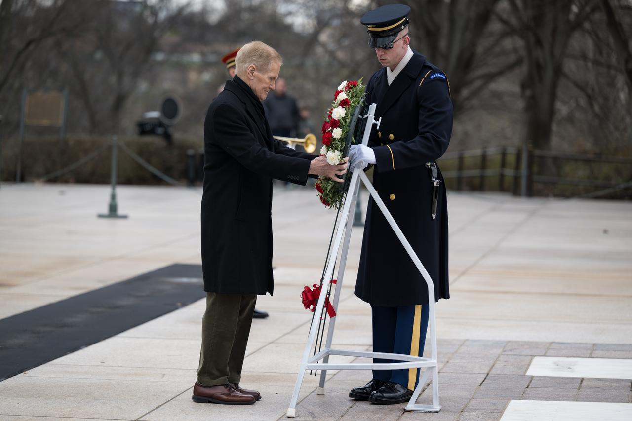 NASA Administrator Bill Nelson lays a wreath at the Tomb of the Unknowns as part of NASA's Day of Remembrance, Thursday, Jan. 26, 2023, at Arlington National Cemetery in Arlington, Va. The wreaths were laid in memory of those men and women who lost their lives in the quest for space exploration. Photo Credit: (NASA/Aubrey Gemignani)