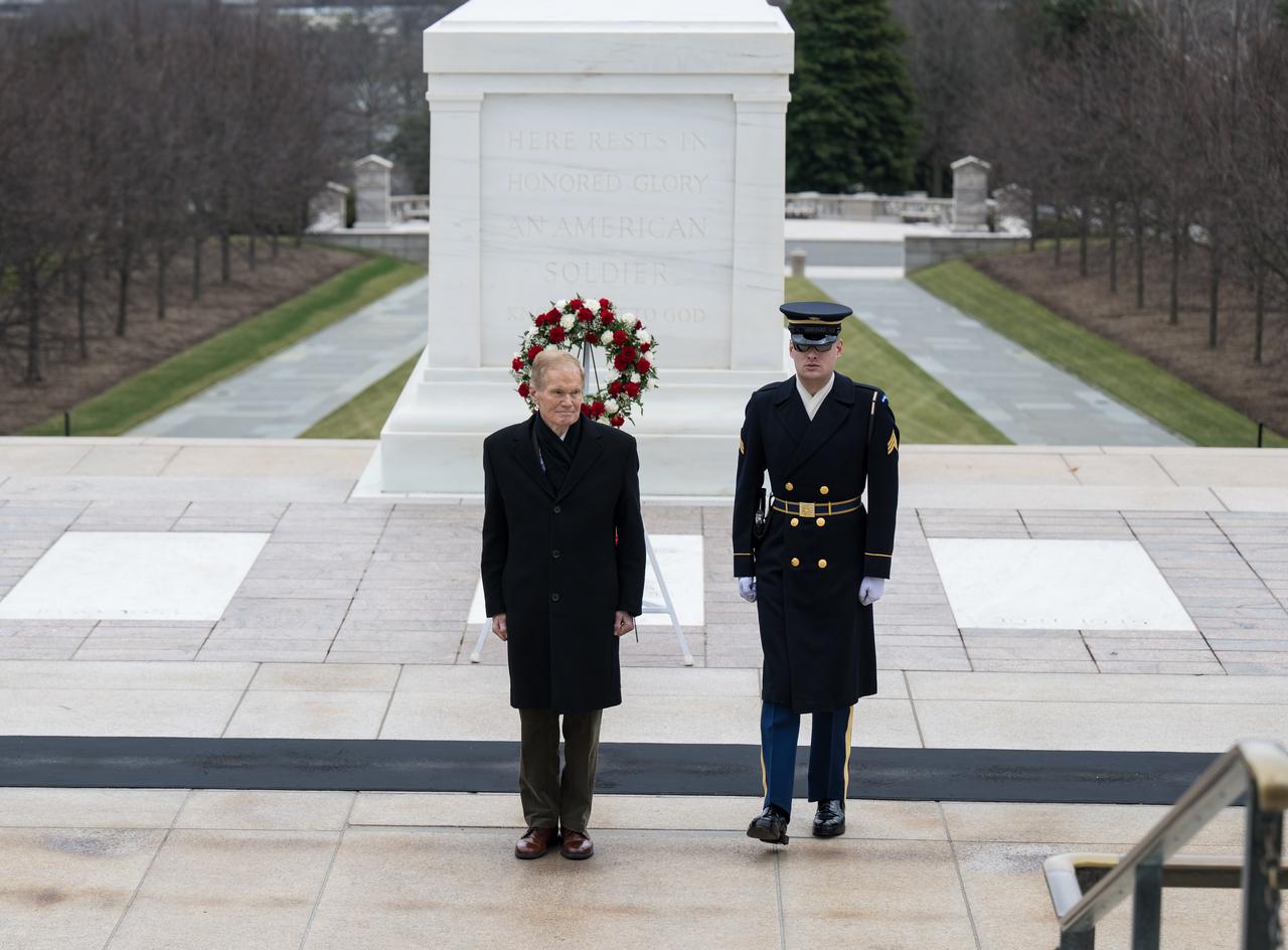 NASA Administrator Bill Nelson prepares to leave after laying a wreath at the Tomb of the Unknowns as part of NASA's Day of Remembrance, Thursday, Jan. 26, 2023, at Arlington National Cemetery in Arlington, Va. The wreaths were laid in memory of those men and women who lost their lives in the quest for space exploration. Photo Credit: (NASA/Aubrey Gemignani)