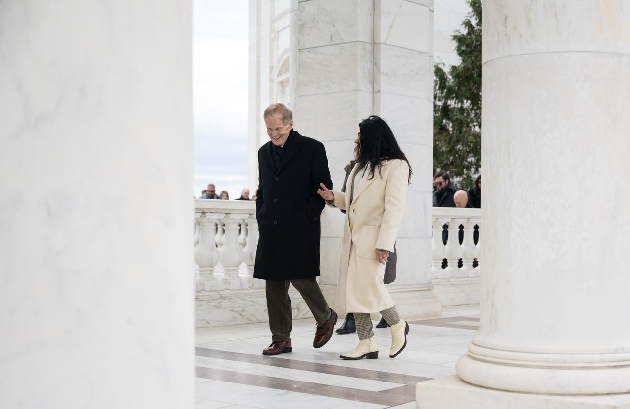 NASA Administrator Bill Nelson is seen leaving the Tomb of the Unknowns with Executive Director of the Office of Army Cemeteries, Karen Durham-Aguilera, after a wreath laying ceremony as part of NASA's Day of Remembrance, Thursday, Jan. 26, 2023, at Arlington National Cemetery in Arlington, Va.  The wreaths were laid in memory of those men and women who lost their lives in the quest for space exploration.  Photo Credit: (NASA/Aubrey Gemignani)