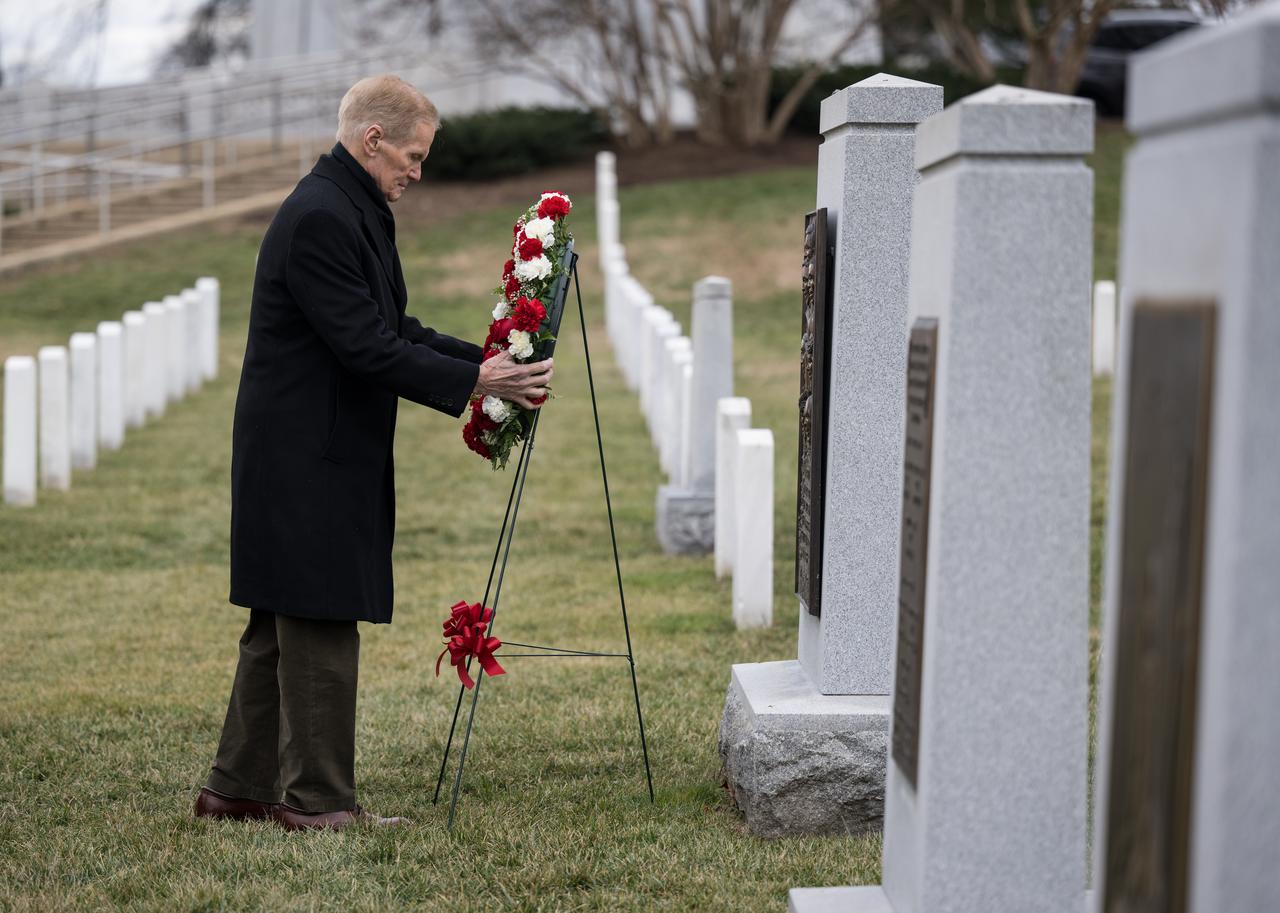 NASA Administrator Bill Nelson lays a wreath at the Space Shuttle Challenger Memorial during NASA's Day of Remembrance, Thursday, Jan. 26, 2023, at Arlington National Cemetery in Arlington, Va. Wreaths were laid in memory of those men and women who lost their lives in the quest for space exploration.  Photo Credit: (NASA/Aubrey Gemignani)