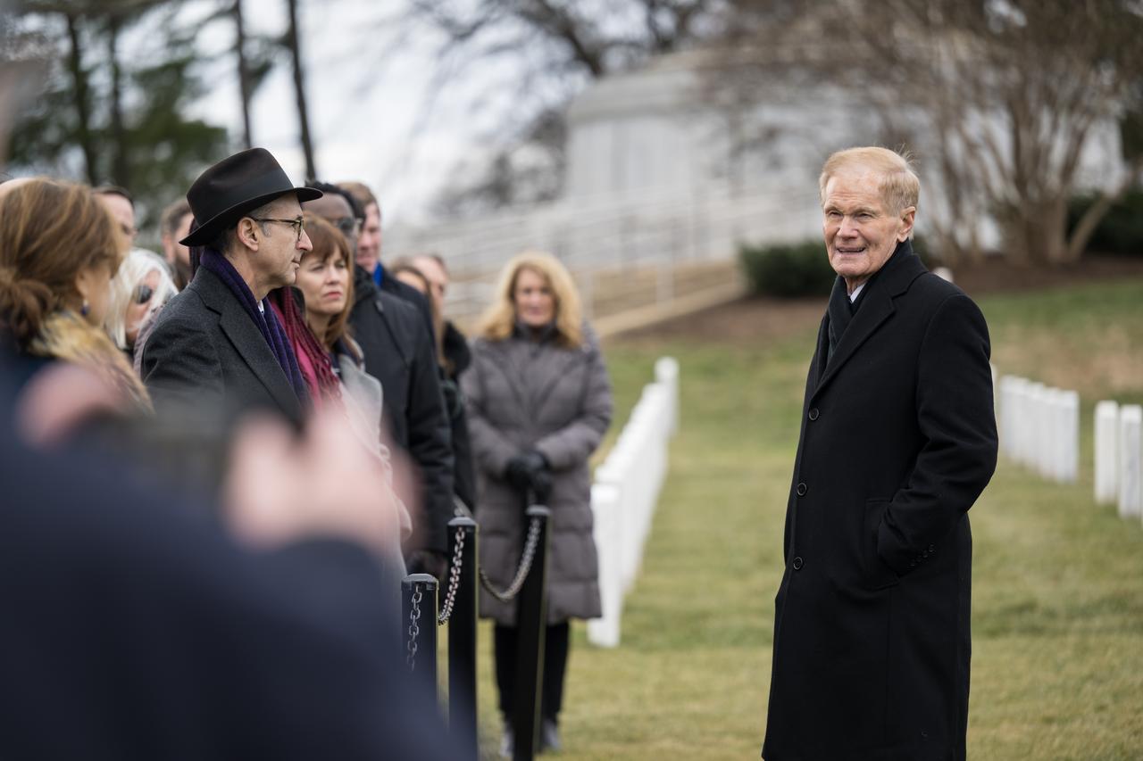 NASA Administrator Bill Nelson delivers remarks at the Space Shuttle Columbia and Space Shuttle Challenger Memorial’s during a wreath laying ceremony that was part of NASA's Day of Remembrance, Thursday, Jan. 26, 2023, at Arlington National Cemetery in Arlington, Va. Wreaths were laid in memory of those men and women who lost their lives in the quest for space exploration.  Photo Credit: (NASA/Aubrey Gemignani)