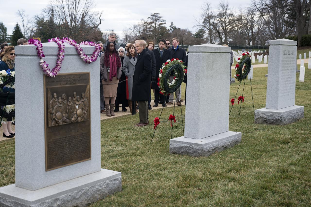 NASA Administrator Bill Nelson delivers remarks at the Space Shuttle Columbia and Space Shuttle Challenger Memorial’s during a wreath laying ceremony that was part of NASA's Day of Remembrance, Thursday, Jan. 26, 2023, at Arlington National Cemetery in Arlington, Va. Wreaths were laid in memory of those men and women who lost their lives in the quest for space exploration.  Photo Credit: (NASA/Aubrey Gemignani)