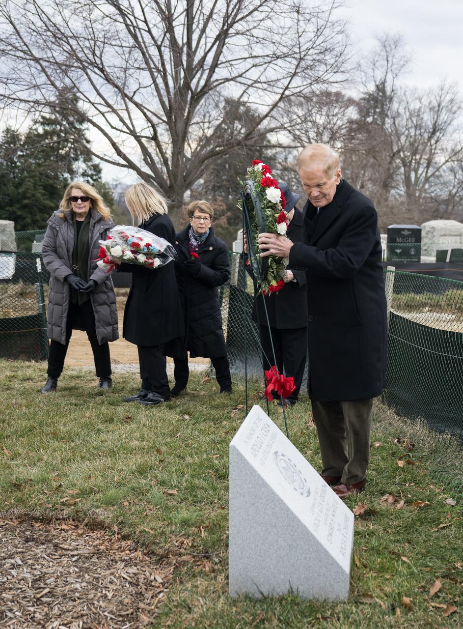 NASA Administrator Bill Nelson lays a wreath at the Apollo 1 Memorial during a ceremony that was part of NASA's Day of Remembrance, Thursday, Jan. 26, 2023, at Arlington National Cemetery in Arlington, Va.  Wreaths were laid in memory of those men and women who lost their lives in the quest for space exploration.  Photo Credit: (NASA/Aubrey Gemignani)