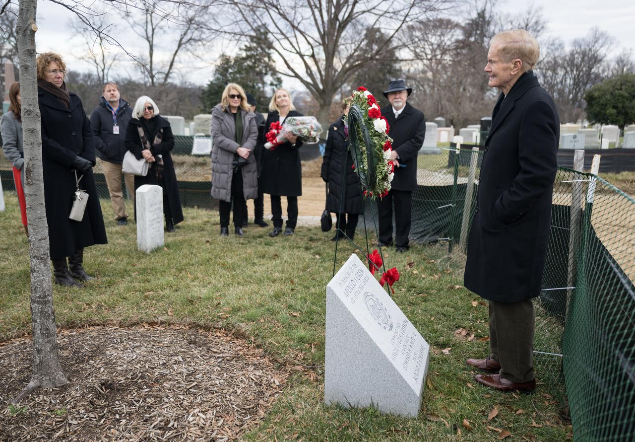 NASA Administrator Bill Nelson provides remarks after laying a wreath at the Apollo 1 Memorial during a ceremony that was part of NASA's Day of Remembrance, Thursday, Jan. 26, 2023, at Arlington National Cemetery in Arlington, Va.  Wreaths were laid in memory of those men and women who lost their lives in the quest for space exploration.  Photo Credit: (NASA/Aubrey Gemignani)