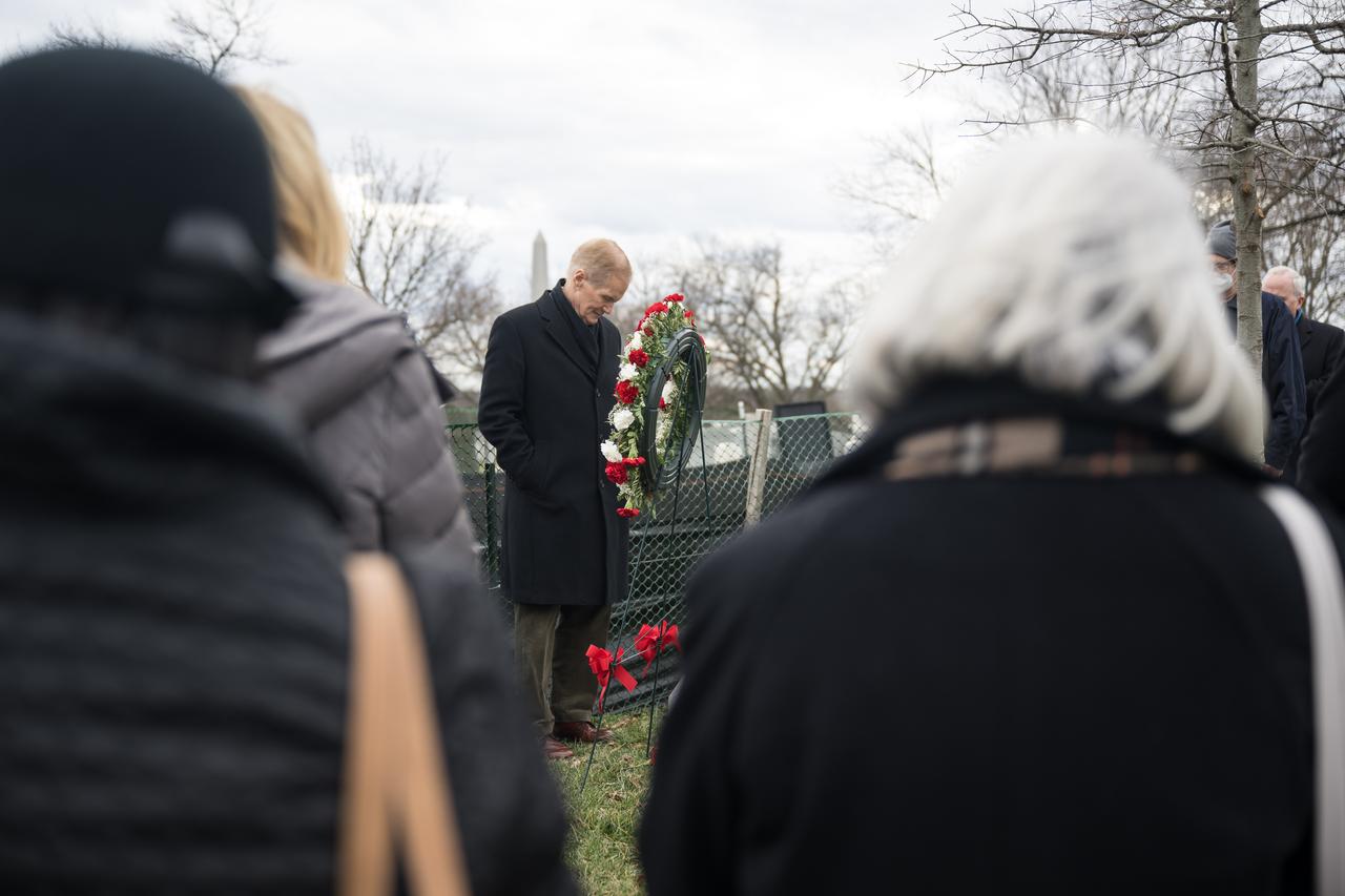 NASA Administrator Bill Nelson pauses for a moment of silence after laying a wreath at the Apollo 1 Memorial during a ceremony that was part of NASA's Day of Remembrance, Thursday, Jan. 26, 2023, at Arlington National Cemetery in Arlington, Va.  Wreaths were laid in memory of those men and women who lost their lives in the quest for space exploration.  Photo Credit: (NASA/Aubrey Gemignani)
