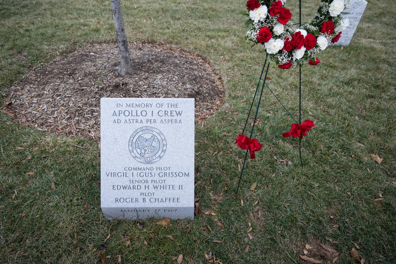 The Apollo1 Memorial is seen after a wreath laying ceremony that was part of NASA's Day of Remembrance, Thursday, Jan. 26, 2023, at Arlington National Cemetery in Arlington, Va. Wreaths were laid in memory of those men and women who lost their lives in the quest for space exploration. Photo Credit: (NASA/Aubrey Gemignani)