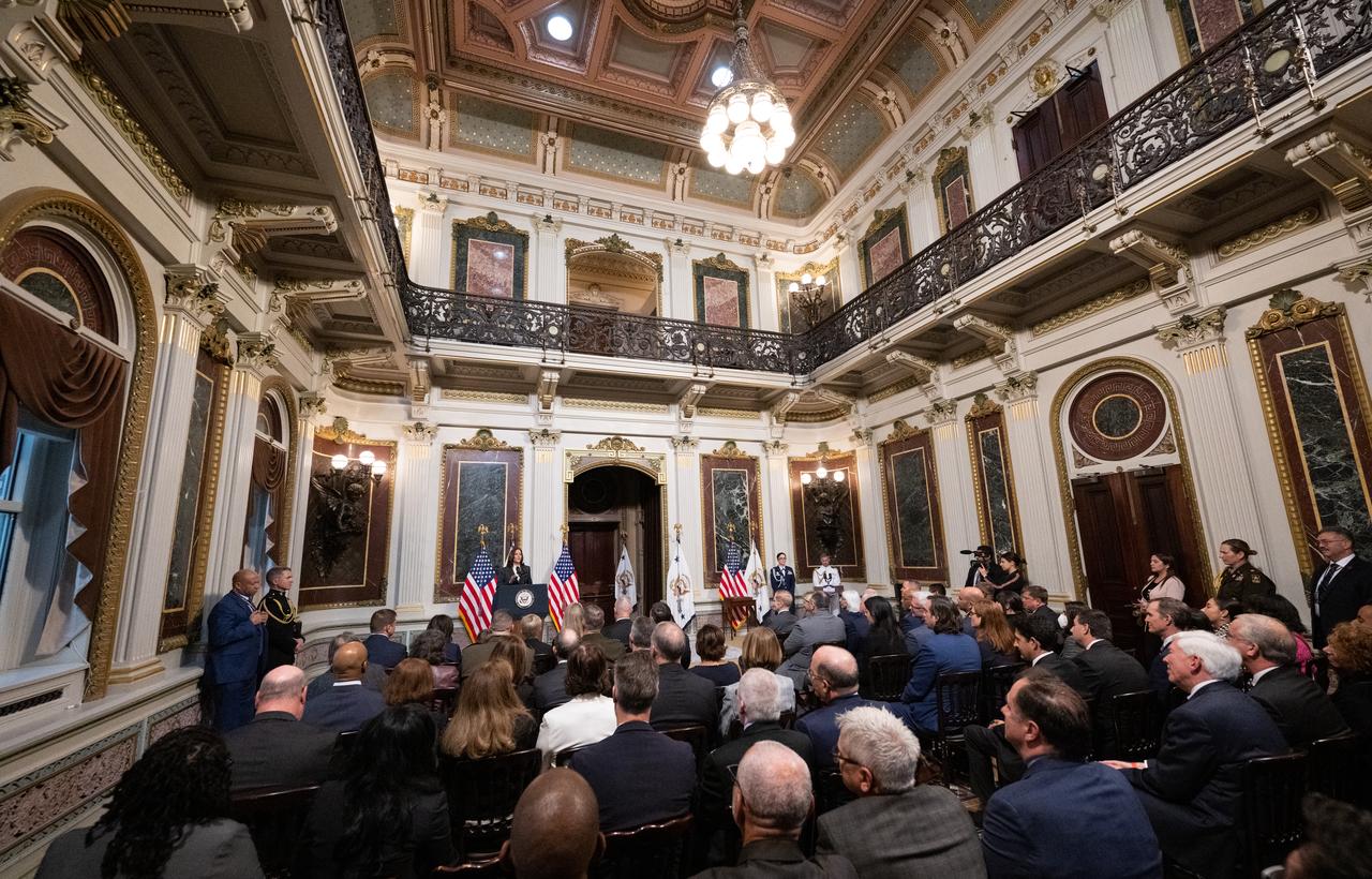 Vice President Kamala Harris delivers remarks during a ceremony awarding the Congressional Space Medal of Honor to former NASA astronauts Douglas Hurley and Robert Behnken in the Indian Treaty Room of the Eisenhower Executive Office Building, Tuesday, Jan. 31, 2023, in Washington. Former astronauts Behnken and Hurley were awarded the Congressional Space Medal of Honor for their bravery in NASA’s SpaceX Demonstration Mission-2 to the International Space Station in 2020, the first crewed flight as part of the agency’s Commercial Crew Program. Photo Credit: (NASA/Joel Kowsky)