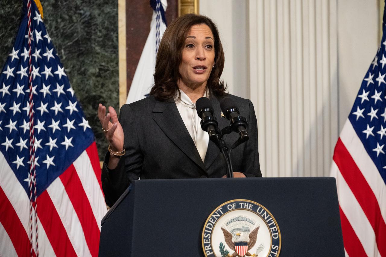 Vice President Kamala Harris delivers remarks during a ceremony awarding the Congressional Space Medal of Honor to former NASA astronauts Douglas Hurley and Robert Behnken in the Indian Treaty Room of the Eisenhower Executive Office Building, Tuesday, Jan. 31, 2023, in Washington. Former astronauts Behnken and Hurley were awarded the Congressional Space Medal of Honor for their bravery in NASA’s SpaceX Demonstration Mission-2 to the International Space Station in 2020, the first crewed flight as part of the agency’s Commercial Crew Program. Photo Credit: (NASA/Joel Kowsky)