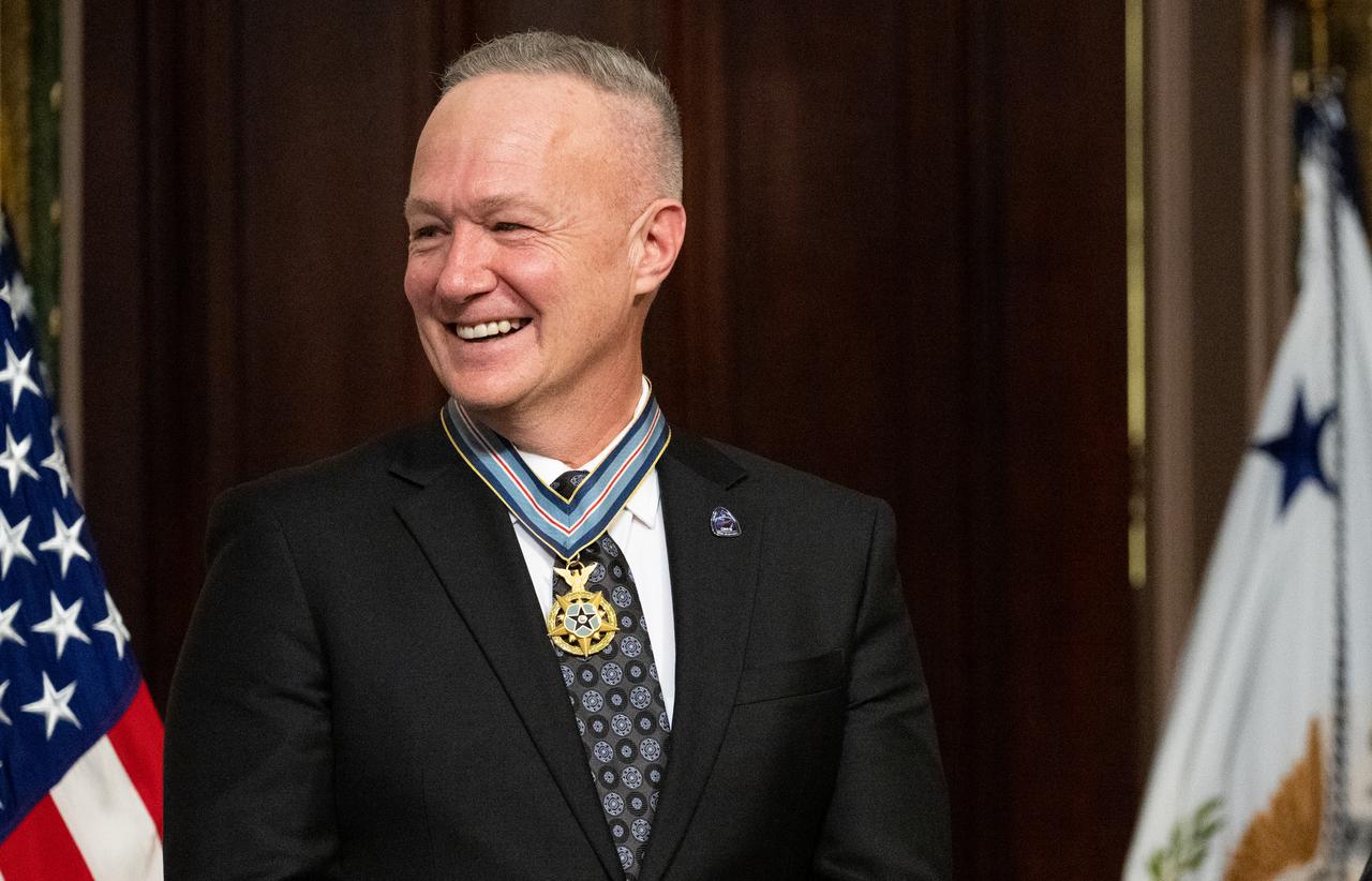 Former NASA astronaut Douglas Hurley is seen after being awarded the Congressional Space Medal of Honor by Vice President Kamala Harris during a ceremony in the Indian Treaty Room of the Eisenhower Executive Office Building, Tuesday, Jan. 31, 2023, in Washington. Former astronauts Behnken and Douglas Hurley were awarded the Congressional Space Medal of Honor for their bravery in NASA’s SpaceX Demonstration Mission-2 to the International Space Station in 2020, the first crewed flight as part of the agency’s Commercial Crew Program. Photo Credit: (NASA/Joel Kowsky)