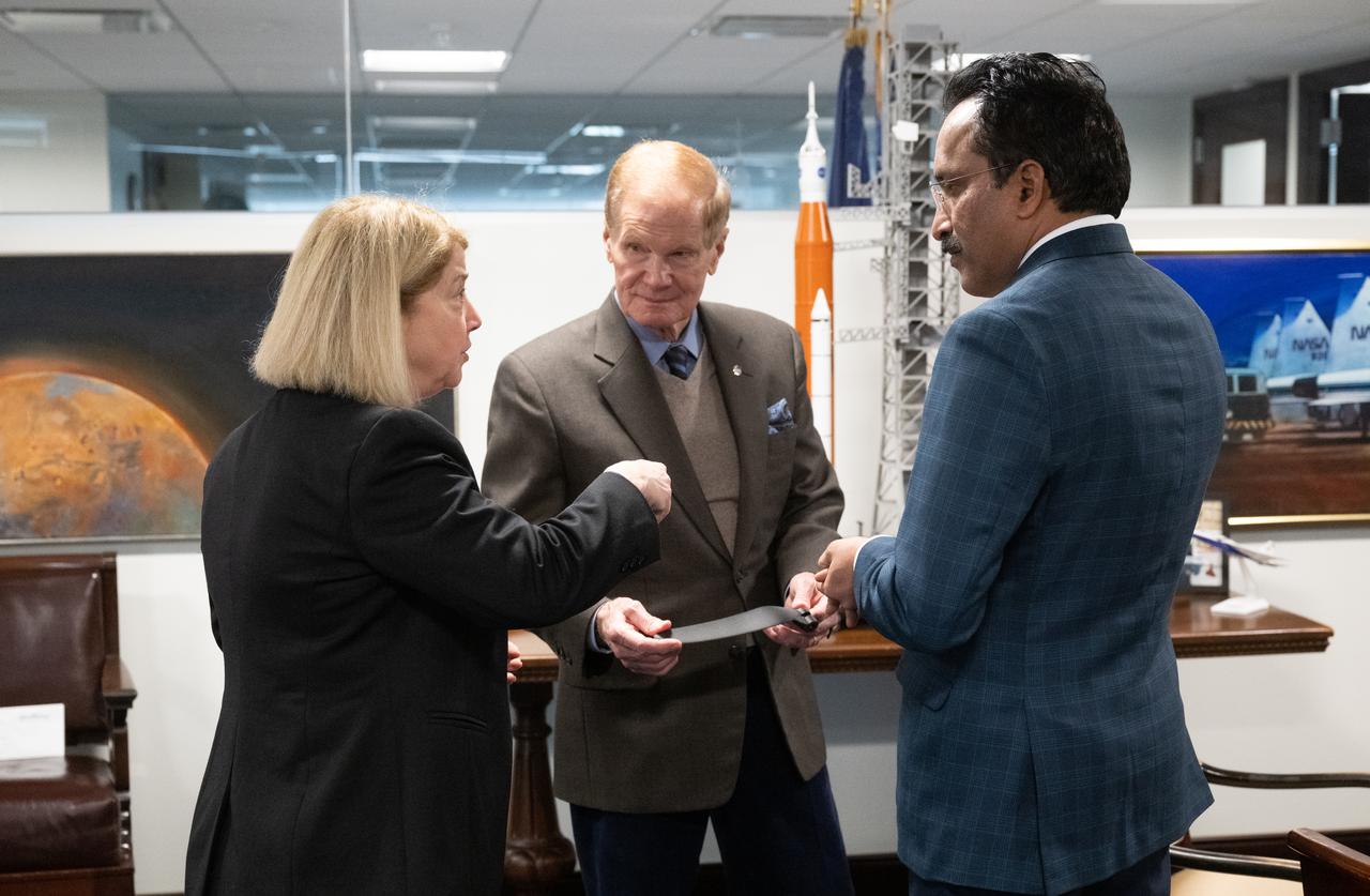 NASA Administrator Bill Nelson, NASA Deputy Administrator Pam Melroy, and S Somanath, Chairman of the Indian Space Research Organisation (ISRO), meet to discuss ways to enhance bilateral space cooperation on Wednesday, Feb. 1, 2023, at the Mary W. Jackson NASA Headquarters building in Washington. Photo Credit: (NASA/Joel Kowsky)