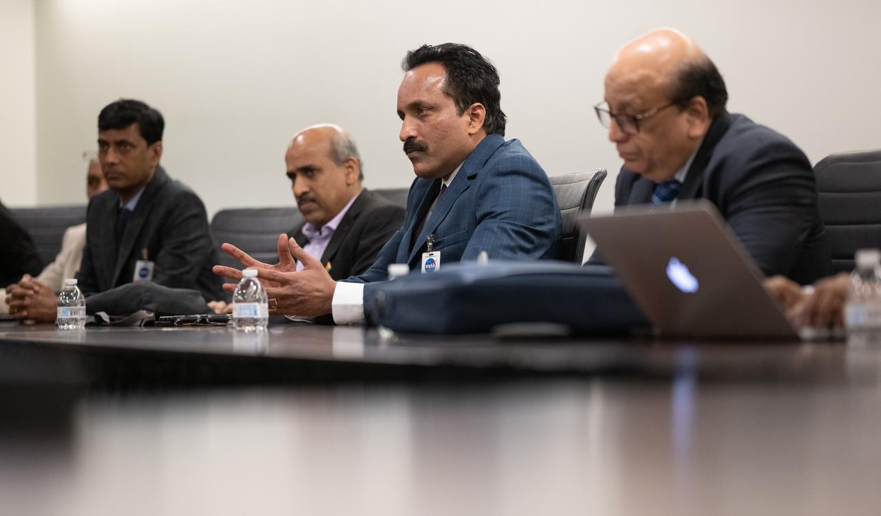 S Somanath, Chairman of the Indian Space Research Organisation (ISRO), center, is seen during a meeting with NASA Administrator Bill Nelson and NASA Deputy Administrator Pam Melroy to discuss ways to enhance bilateral space cooperation on Wednesday, Feb. 1, 2023, at the Mary W. Jackson NASA Headquarters building in Washington. Photo Credit: (NASA/Joel Kowsky)