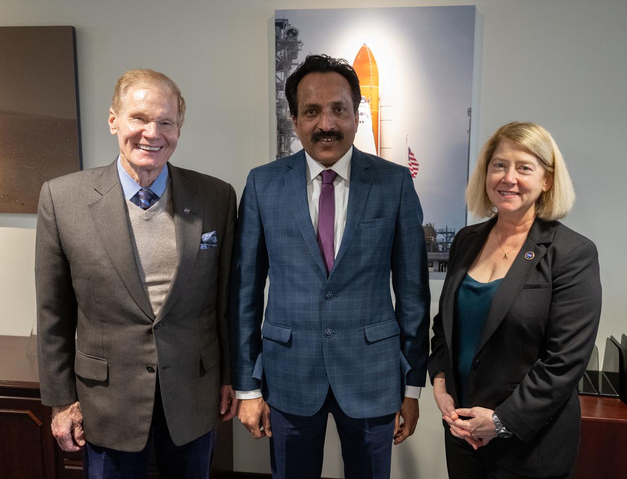 NASA Administrator Bill Nelson, left, NASA Deputy Administrator Pam Melroy, right, and S Somanath, Chairman of the Indian Space Research Organisation (ISRO), center, pose for a picture following a meeting to discuss ways to enhance bilateral space cooperation on Wednesday, Feb. 1, 2023, at the Mary W. Jackson NASA Headquarters building in Washington. Photo Credit: (NASA/Joel Kowsky)