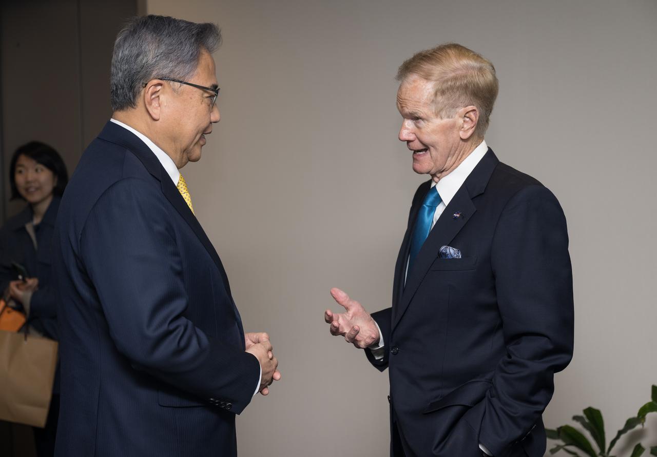NASA Administrator Bill Nelson greets Republic of Korea Minister of Foreign Affairs, Jin Park, Thursday, Feb. 2, 2023 at the Mary W. Jackson NASA Headquarters building in Washington DC. Photo Credit: (NASA/Aubrey Gemignani)